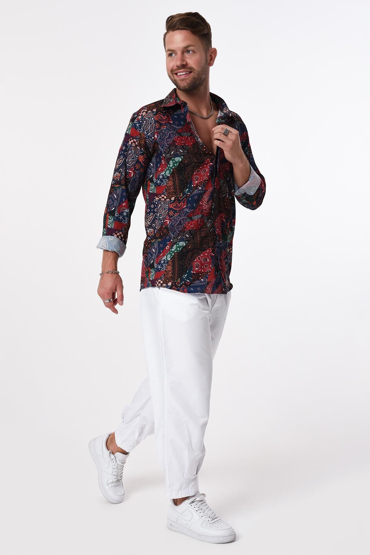 Rocqerx-R-3655 Colorful Shawl Pattern - Long Sleeve Shirt with Stand Collar and Hidden Placket 2