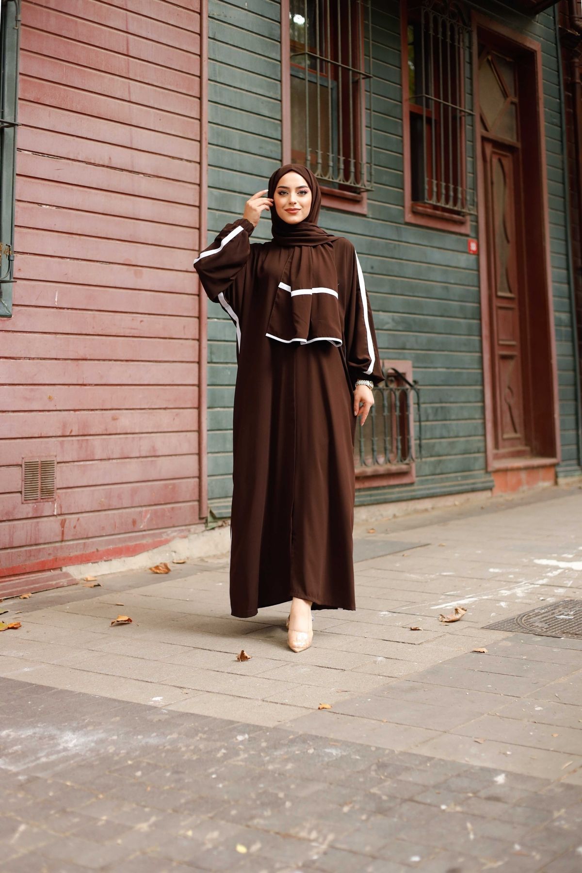 MARQUANT-Καφέ Ferace με Λευκή Ρίγα - Ποδηλατική Κοστούμι Hijab 6