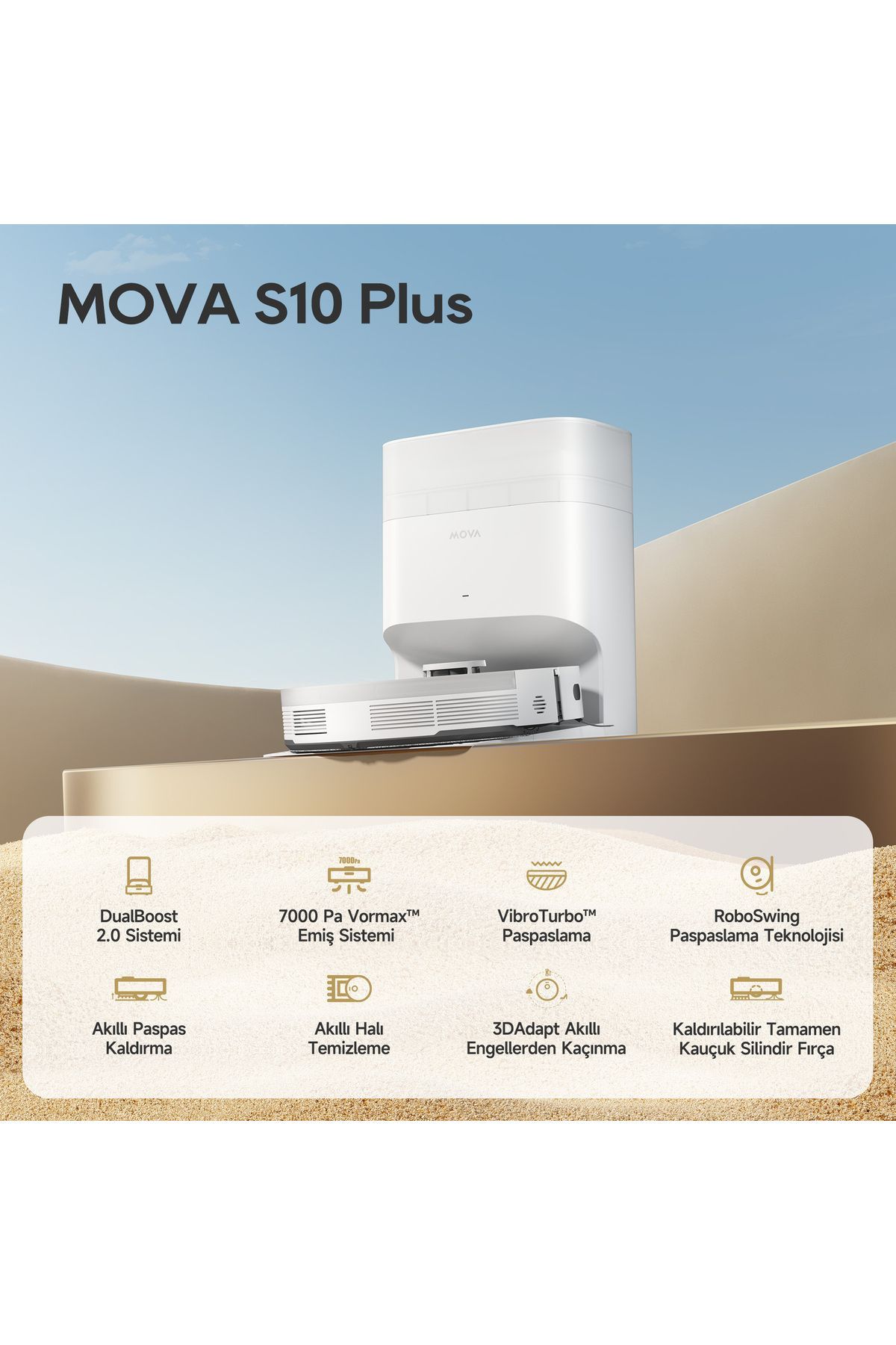 Mova S10 Plus Robot Süpürge, 7,000pa Vormax™ Emiş, Yükseltilebilir Tam Kauçuk Silindirik Fırça