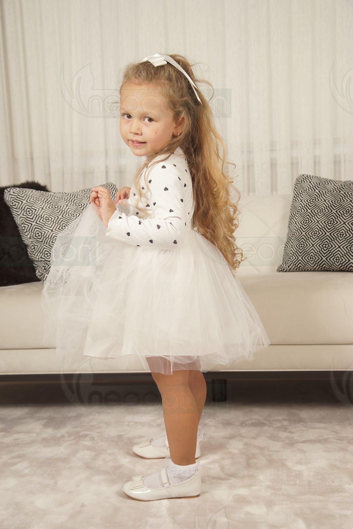 neocotton Kız Bebek-Çocuk Uzun Kollu Doğum Günü ve Özel Günler İçin Kalpli Tüllü Astarlı Elbise fotoğrafı 3 (önizleme)