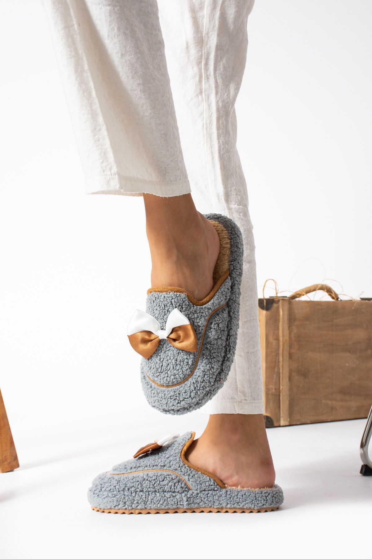 STOCON-Gray Bow Tie Winter Women's Slippers - Home and Dowry Slippers, Gift Slippers 2