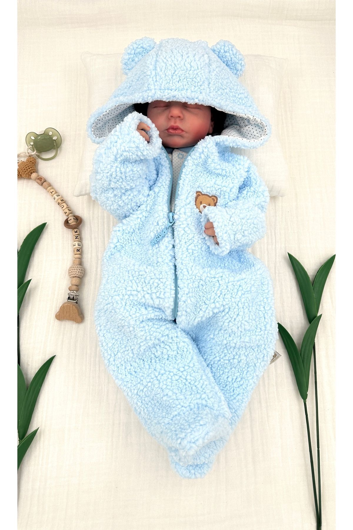 PATSAN Kapüşonlu Fermuarlı Peluş Polar Bebek Tulumu Ayılı  Açık Mavi fotoğrafı 3 (önizleme)