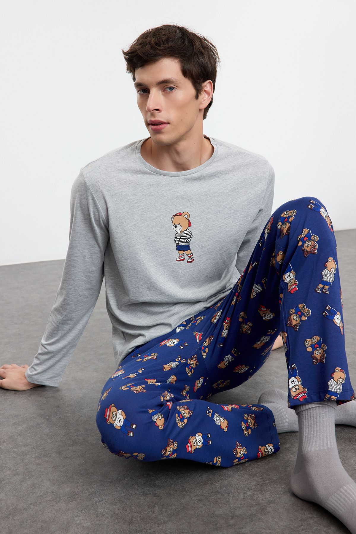 Trendyol Collection-Grimelange - Navy Blue Teddy Bear Print Couple/Couple Knitted Pajamas Set Tmnaw25Pt00044 3