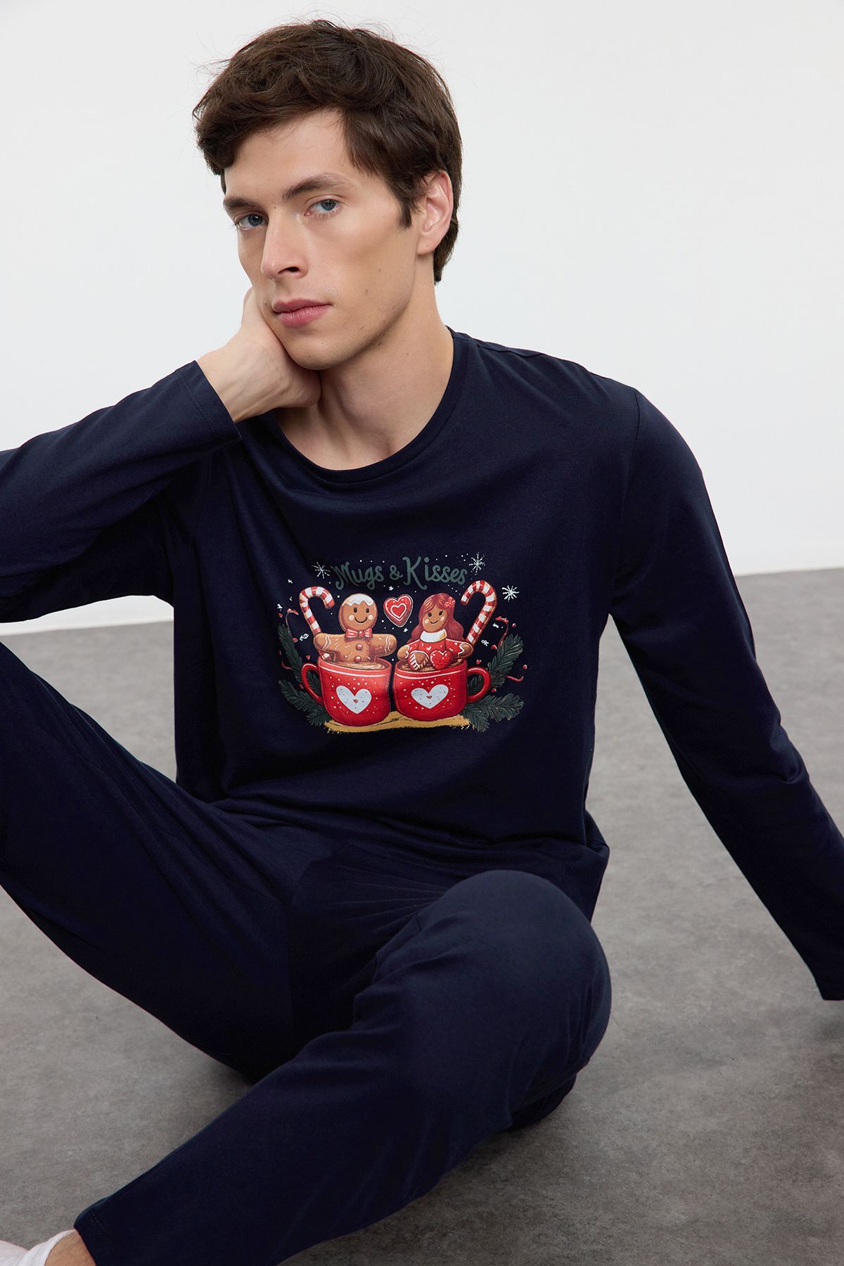 Trendyol Collection-Темно-синій трикотажний комплект з принтом для пари / пари чоловіча піжама TMNAW25PT00046 3