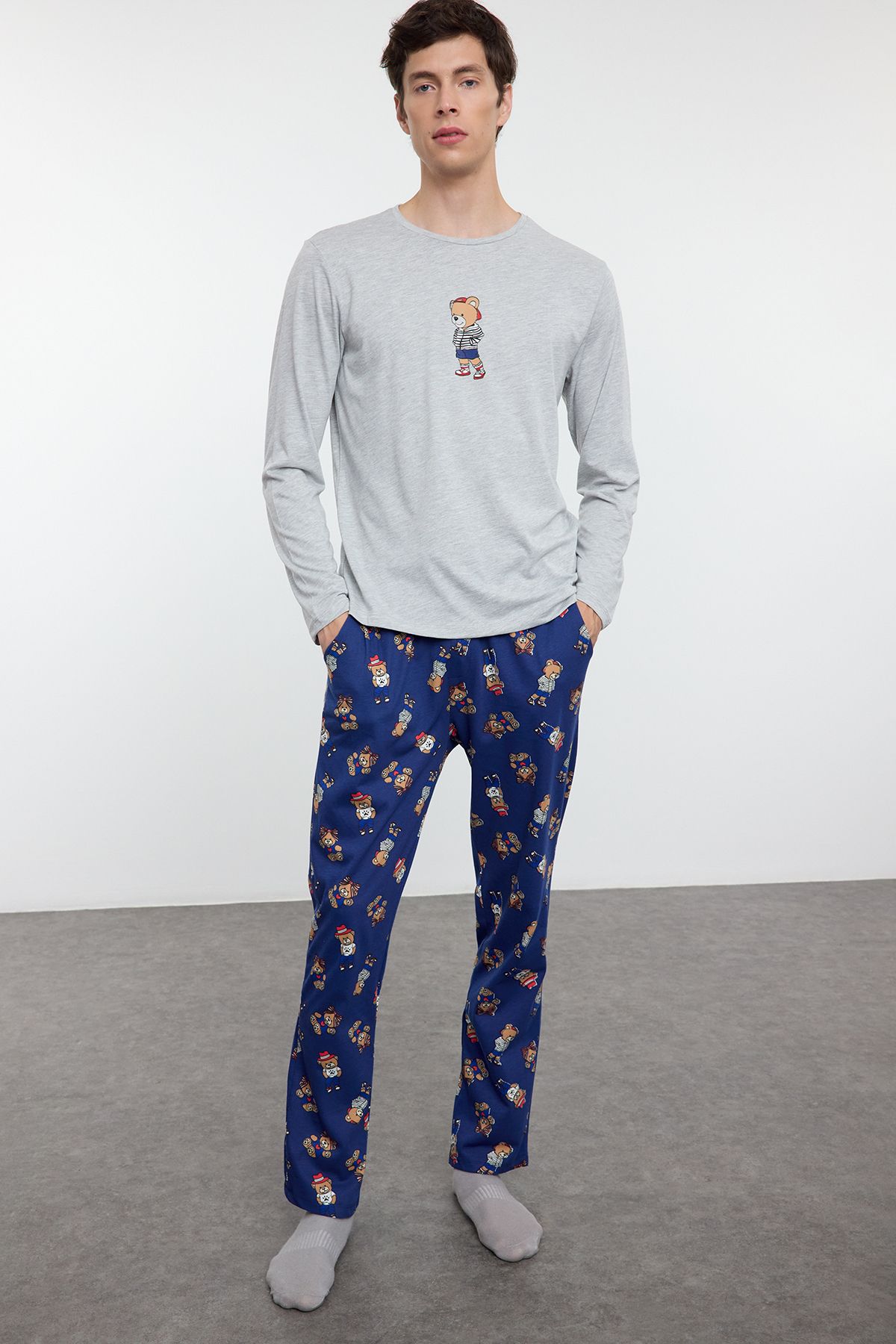 Trendyol Collection-Grimelange - Navy Blue Teddy Bear Print Couple/Couple Knitted Pajamas Set Tmnaw25Pt00044 2