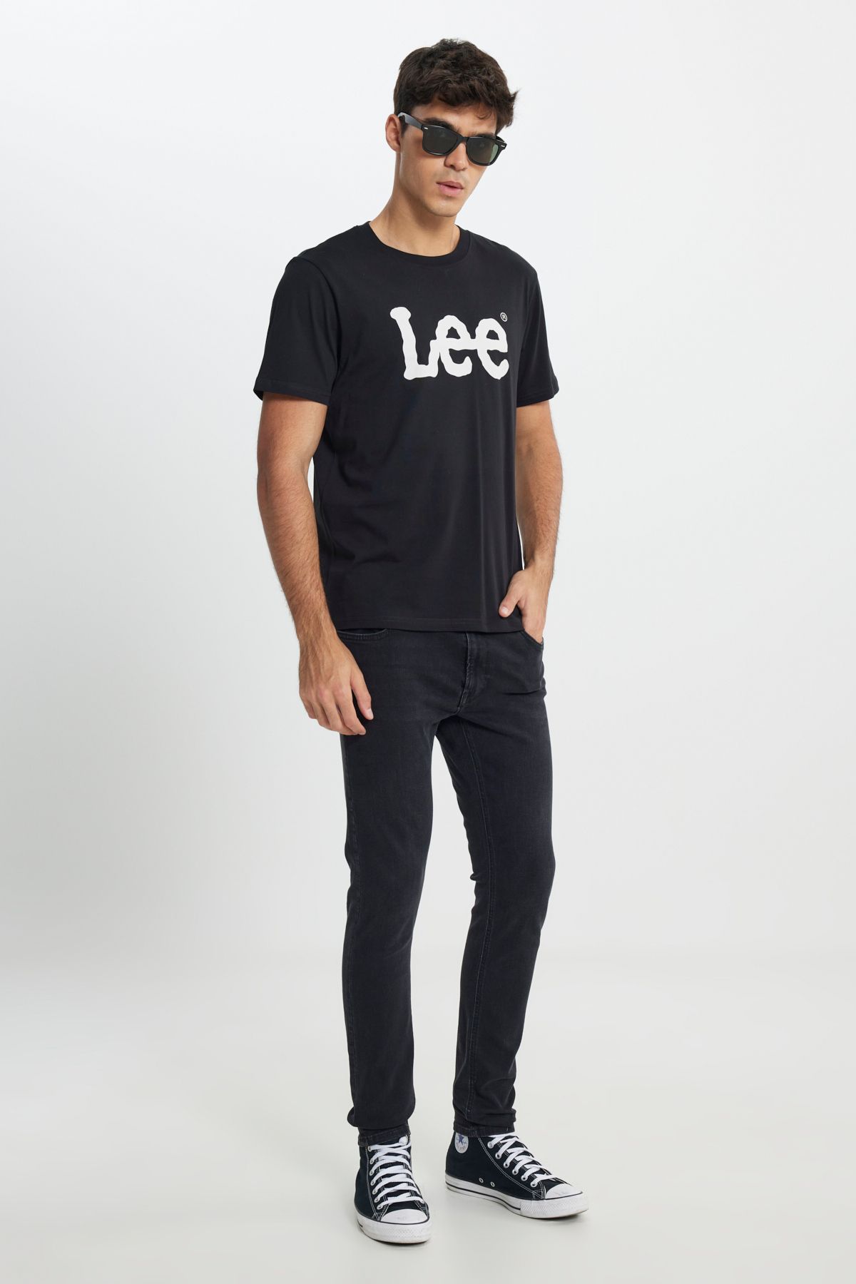 تی شرت مشکی مردانه سیاه به طور منظم مناسب یقه صفر طبیعی برش 100 ٪ log t shirt Lee