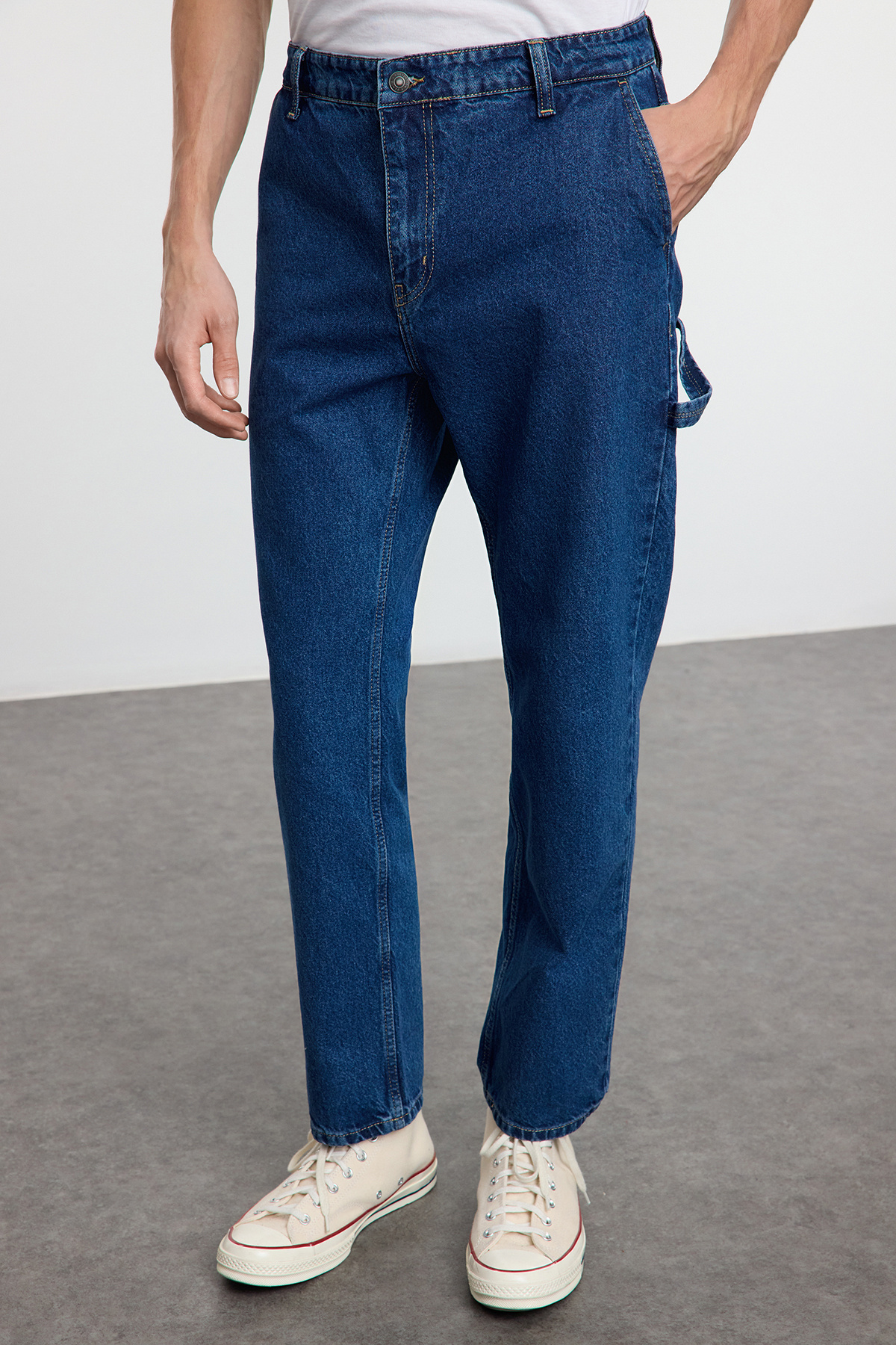 Trendyolmilla Man Orta Mavi %100 Pamuk Loose Fit Carpenter Bol Kot