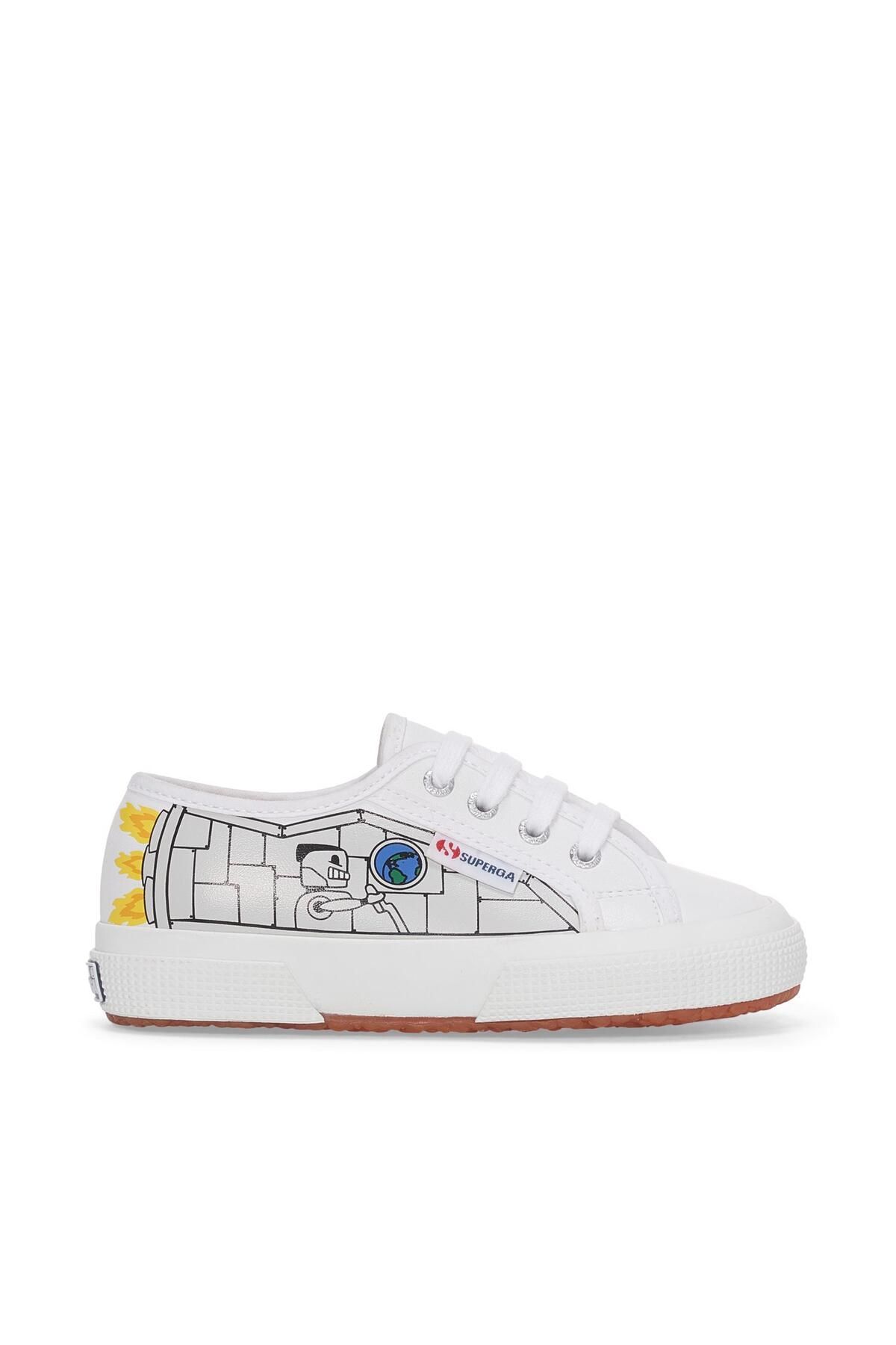 2750 Kids Foux Leather Robot Print کفش کتانی یونیسکس کودکانه سفید-زرد پایین بالا Superga
