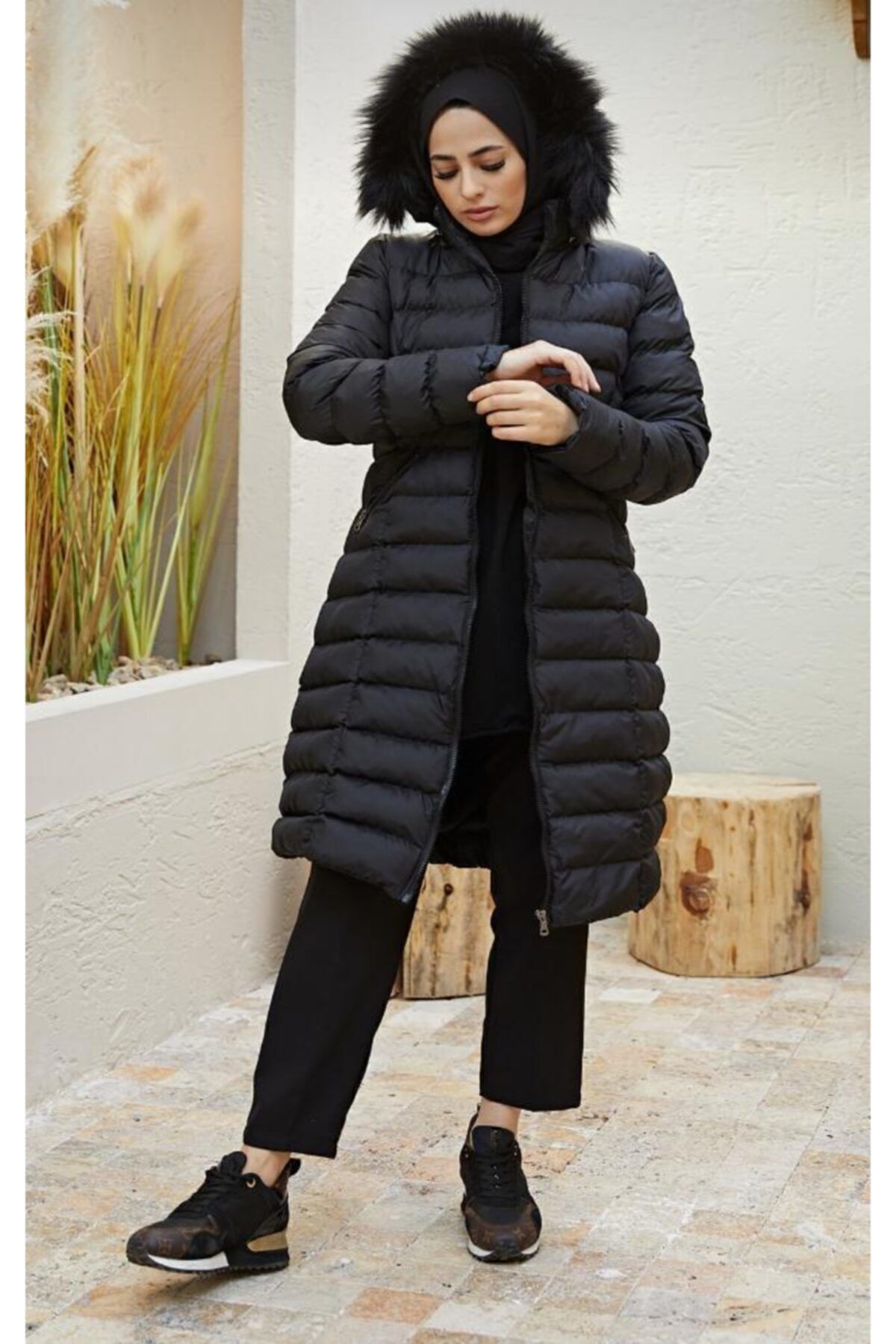 moda moda-Palton lung negru din puf 2