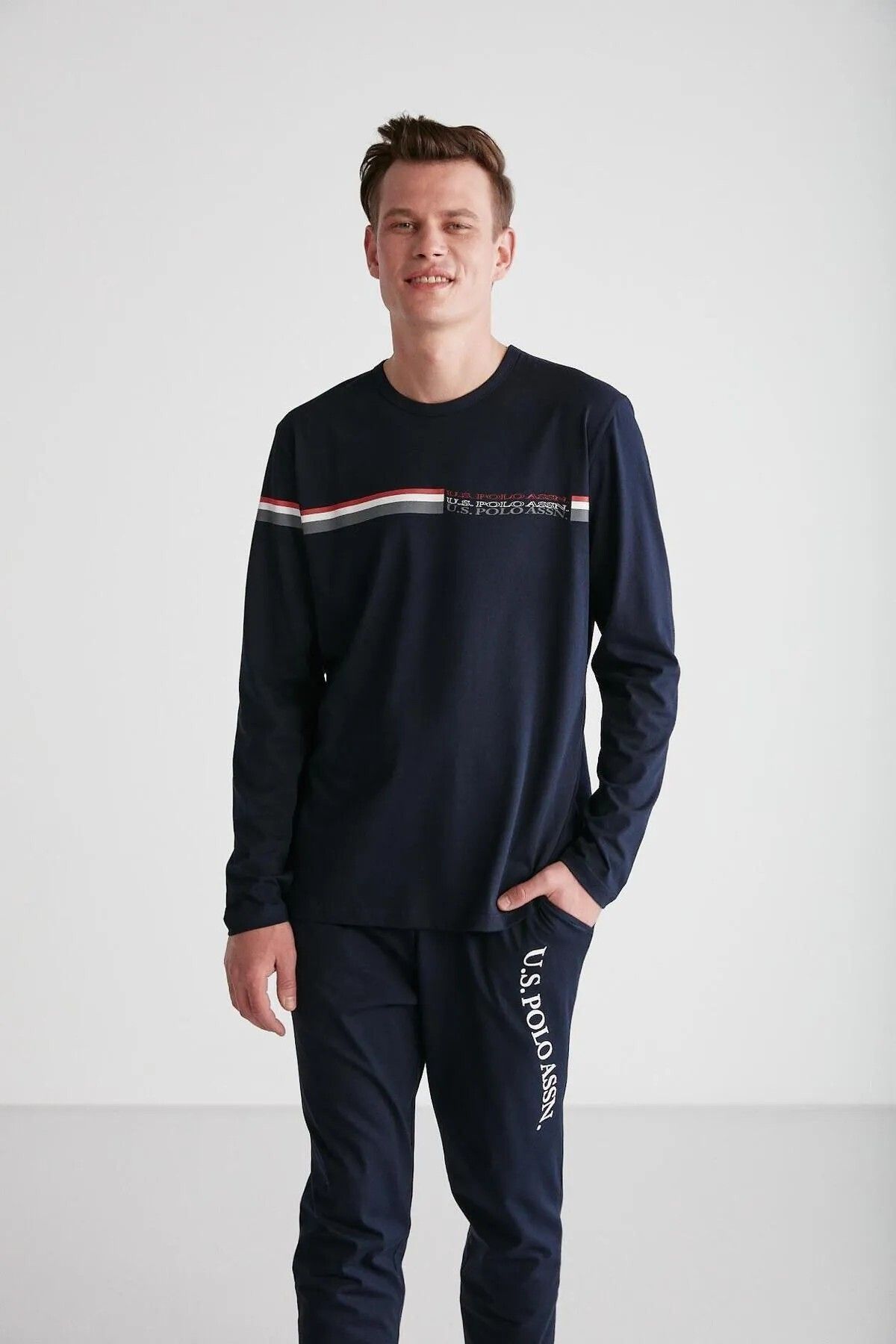 ست پیژامه آبی مردانه پایه. پولو اسن. لباس خواب راه یقه گرد U.S. Polo Assn.