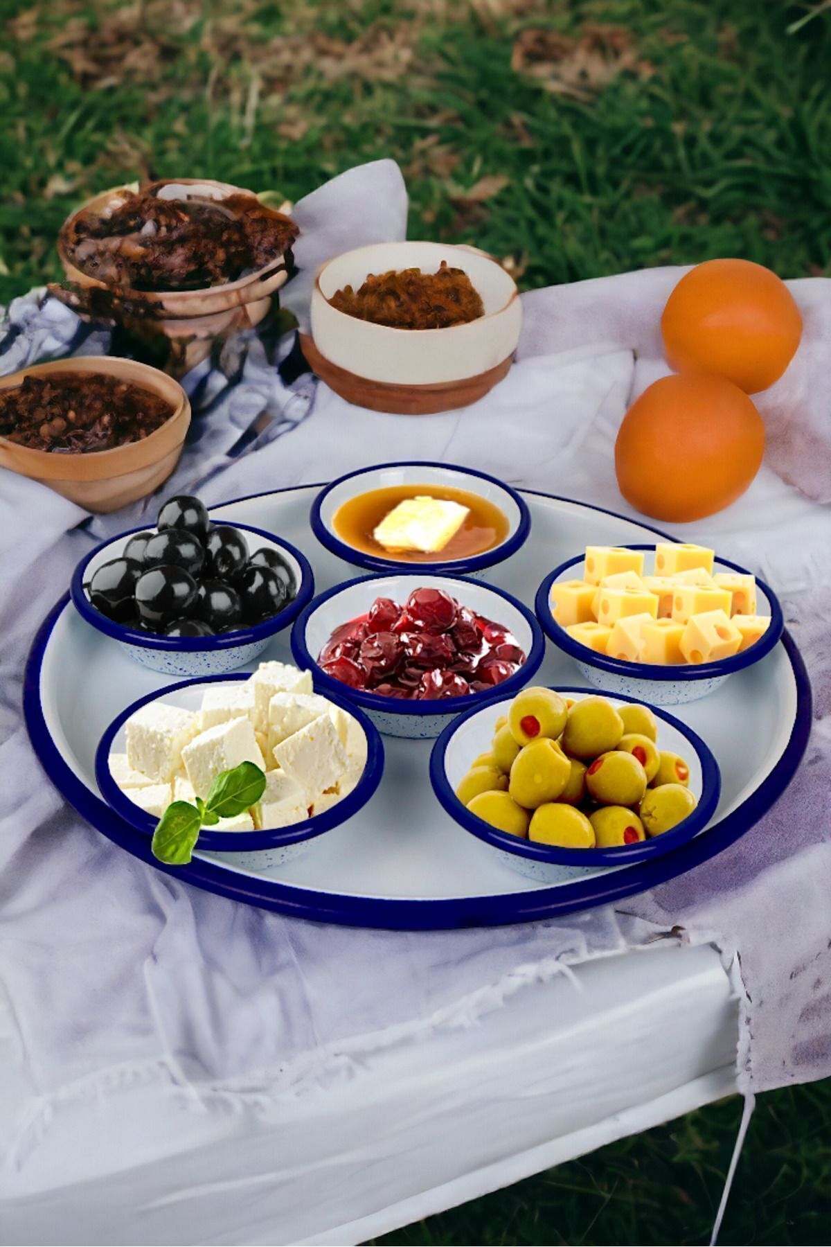 İnci Emaye 7 Parça Küçükboy Emaye Kahvaltı Seti, Sunum, Kahvaltı Tabağı, Reçellik, Zeytin, Peynir Tabağı, Çeyiz