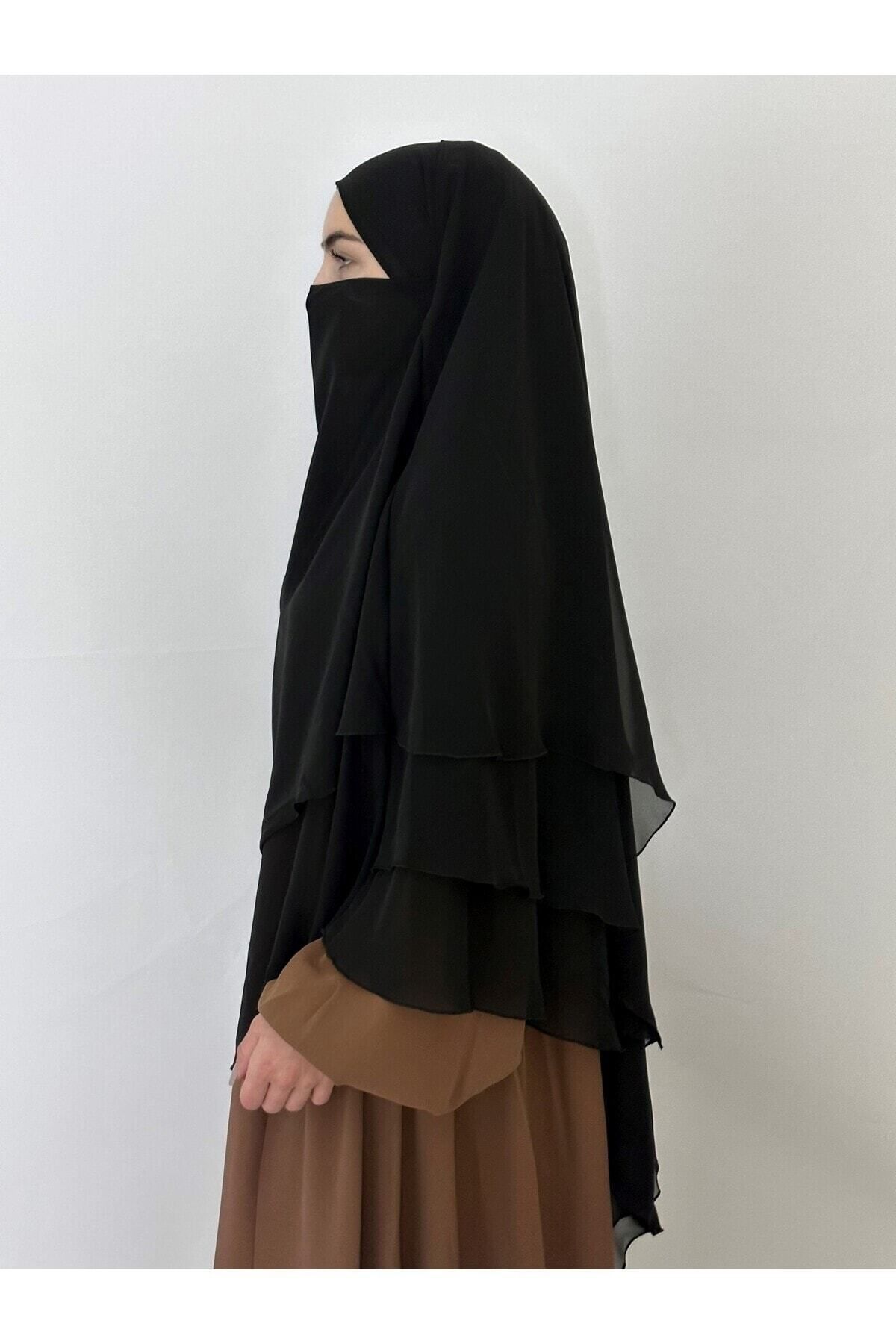 R&S modibone-Black Souffle Khimar - Three-Layer, Veil and Chiffon Scarf, 4 Strings 2