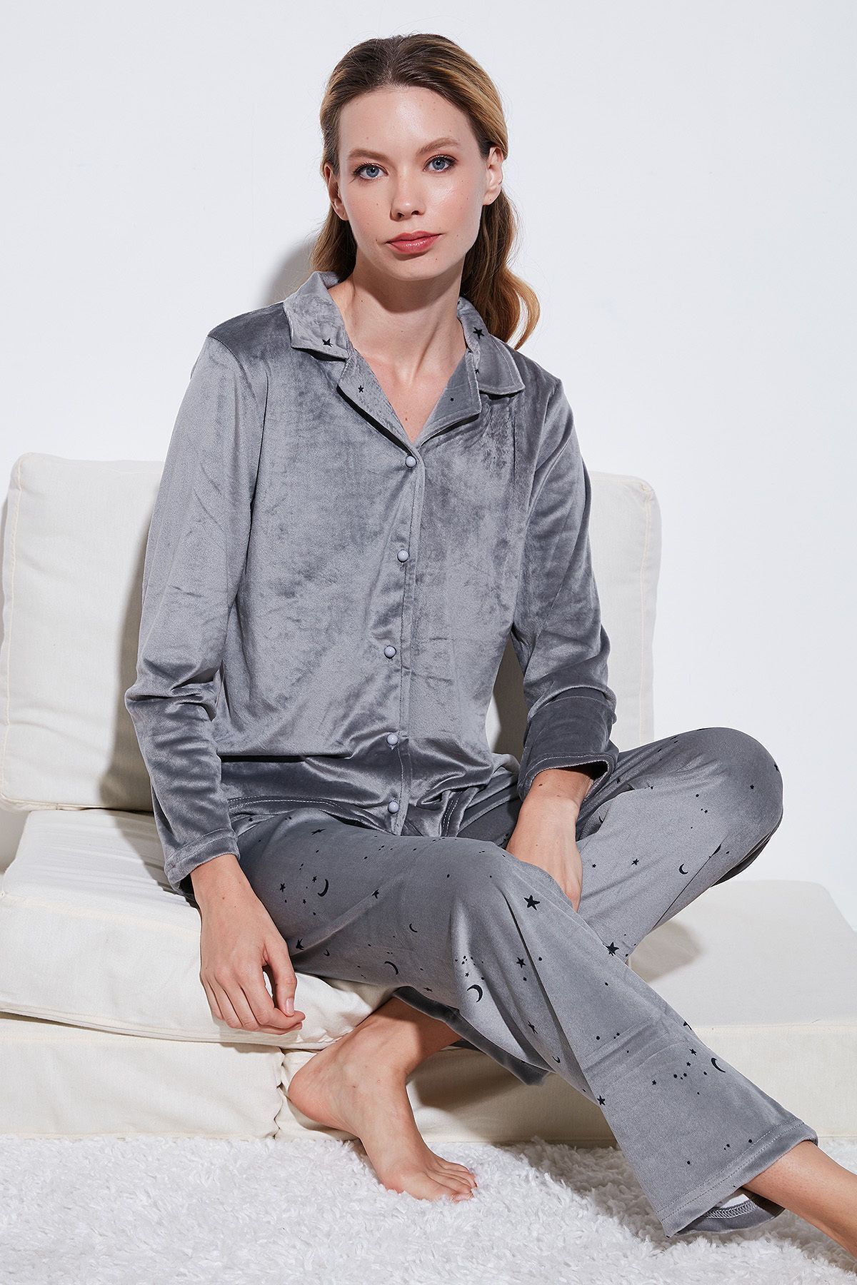 Lela-Shiny Patterned Regular Fit Velvet Pajama Set - 65713311 6