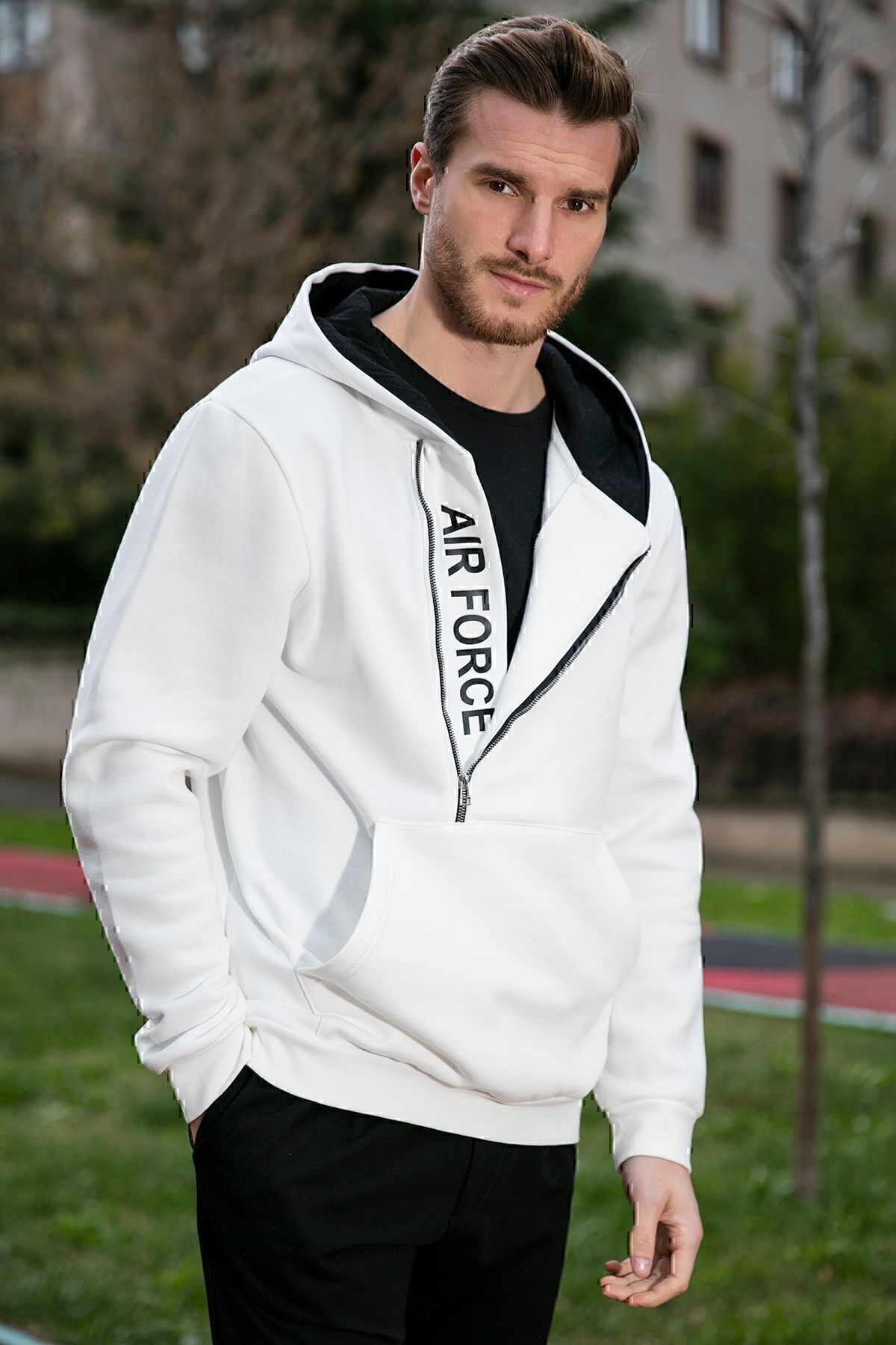 Kangaroo Zippered Hooded Collar Slim Fit Sweatshirt Men's SWEATSHIRT 575707