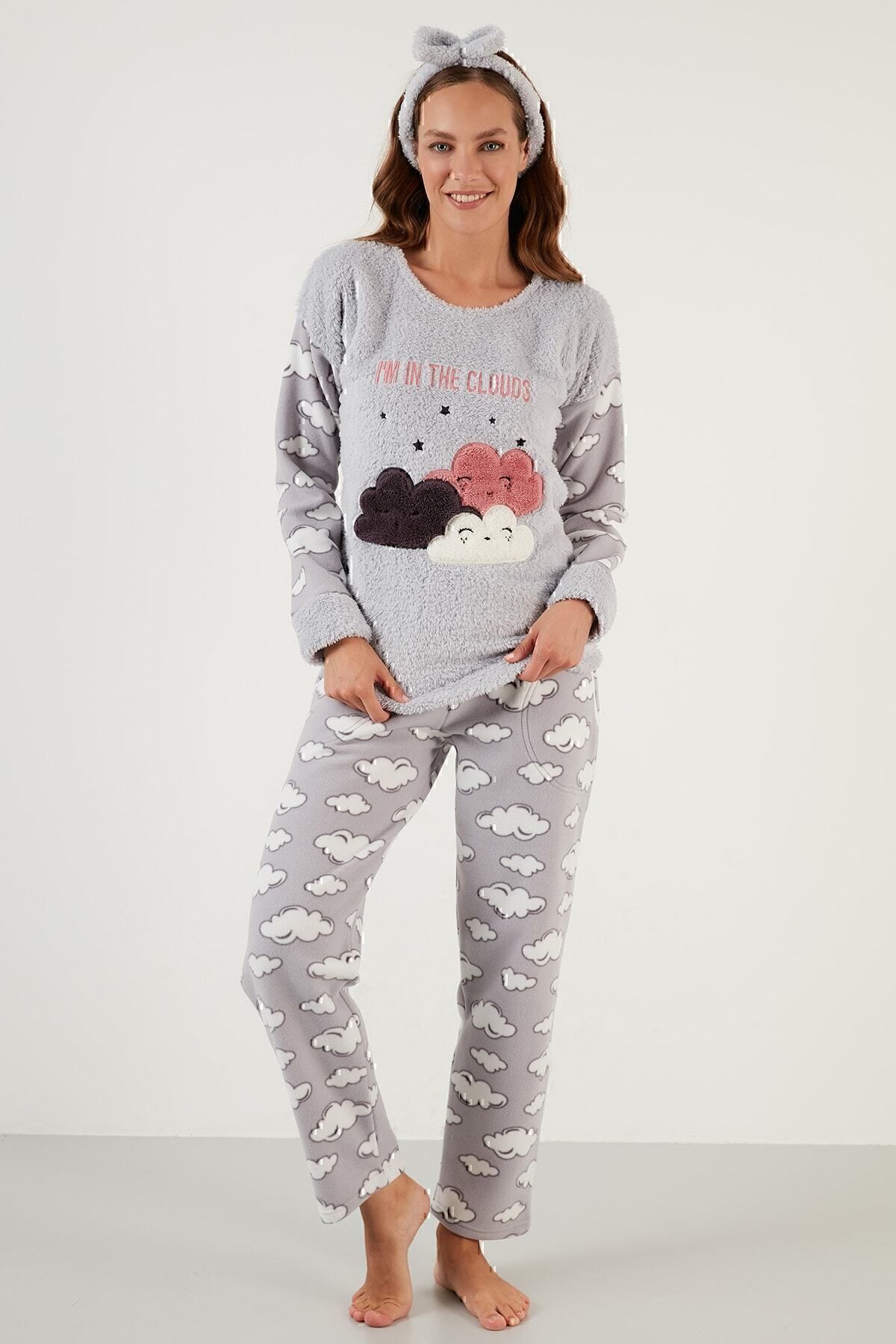 Lela-Cloud Patterned Pocketed Plush Pajama Set with Elastic Waist Pajama Set 6094120bulu 4