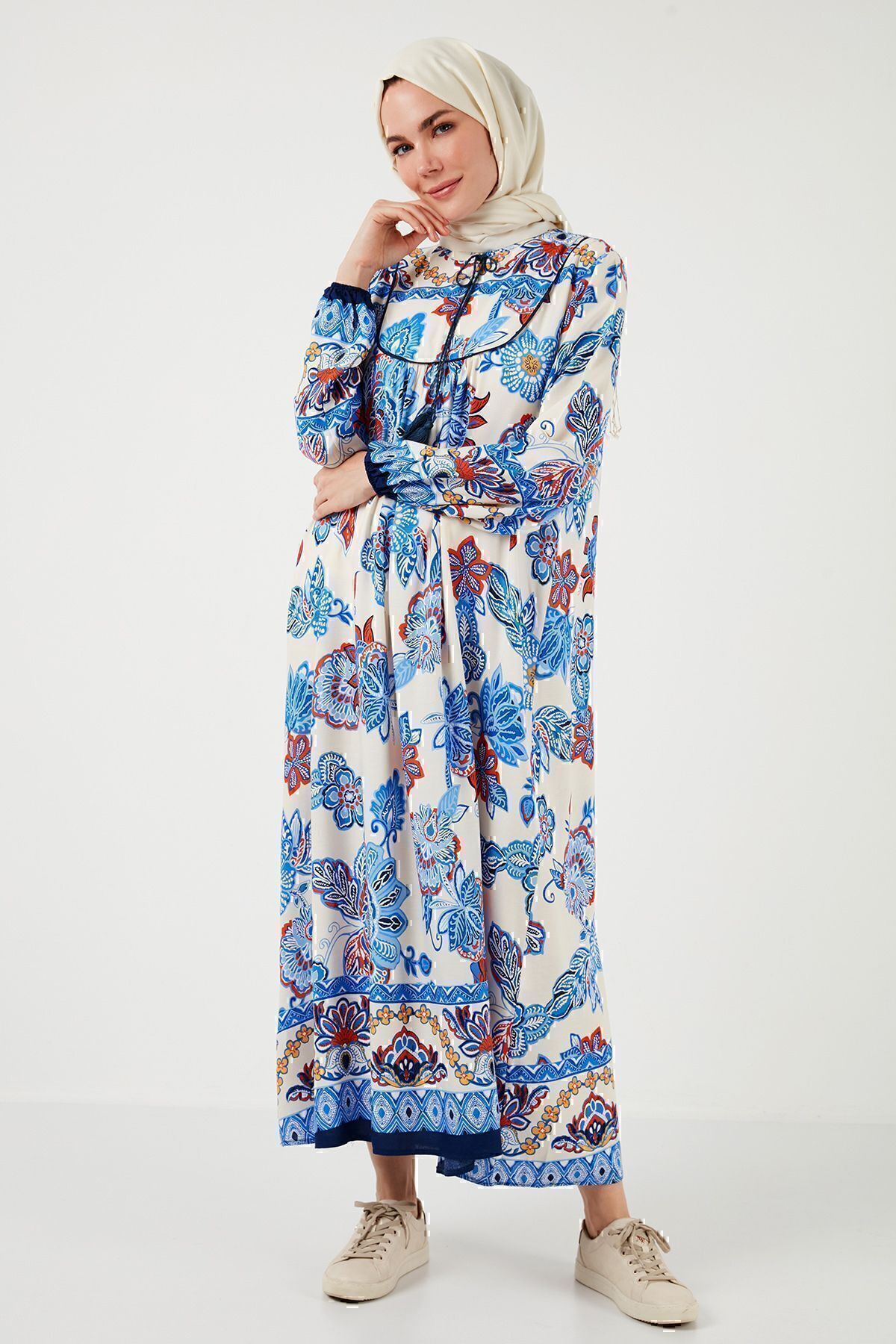 Lela-Modest Patterned Regular Fit Tied V-Neck Maxi Dress 611el510 8