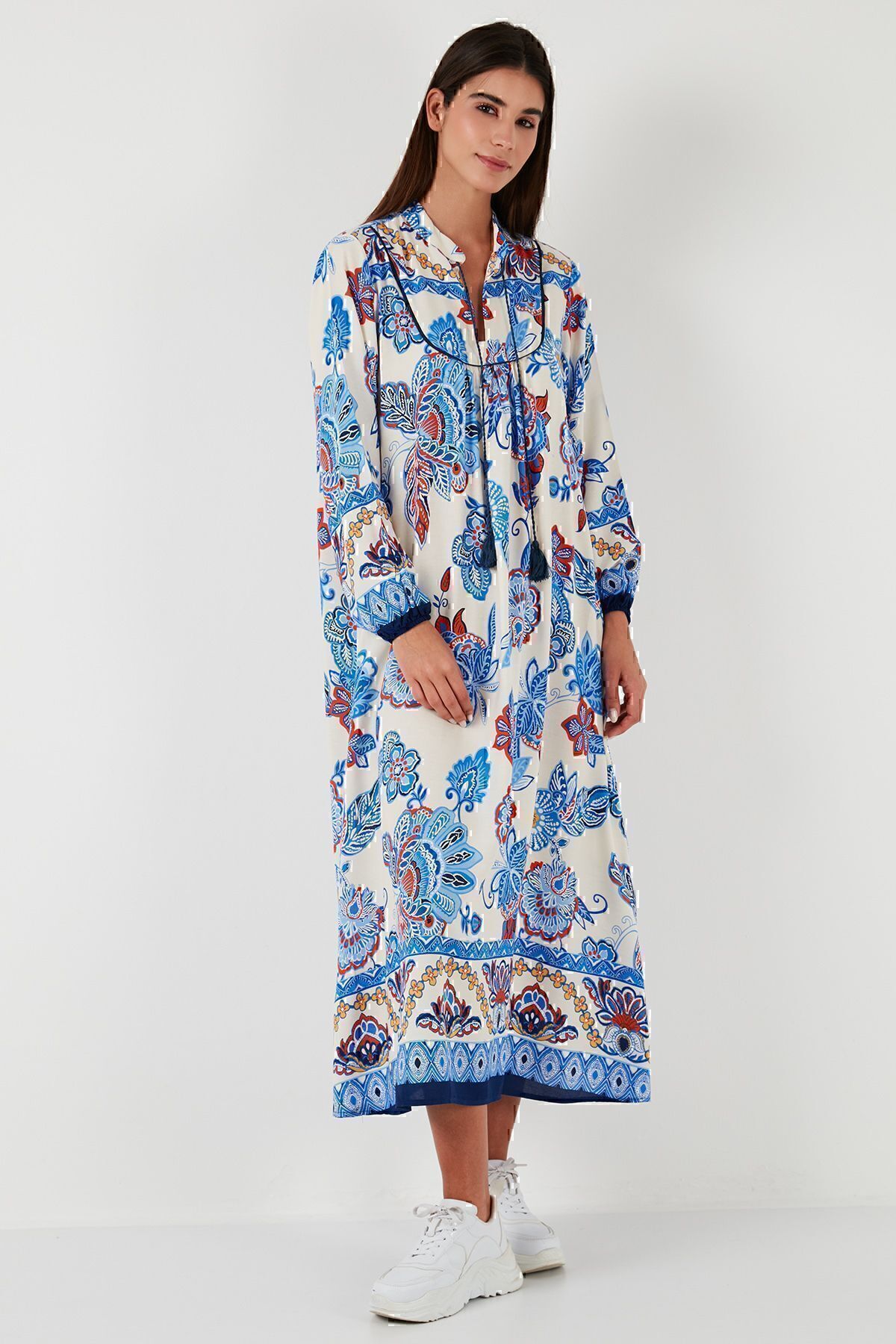 Lela-Modest Patterned Regular Fit Tied V-Neck Maxi Dress 611el510 7