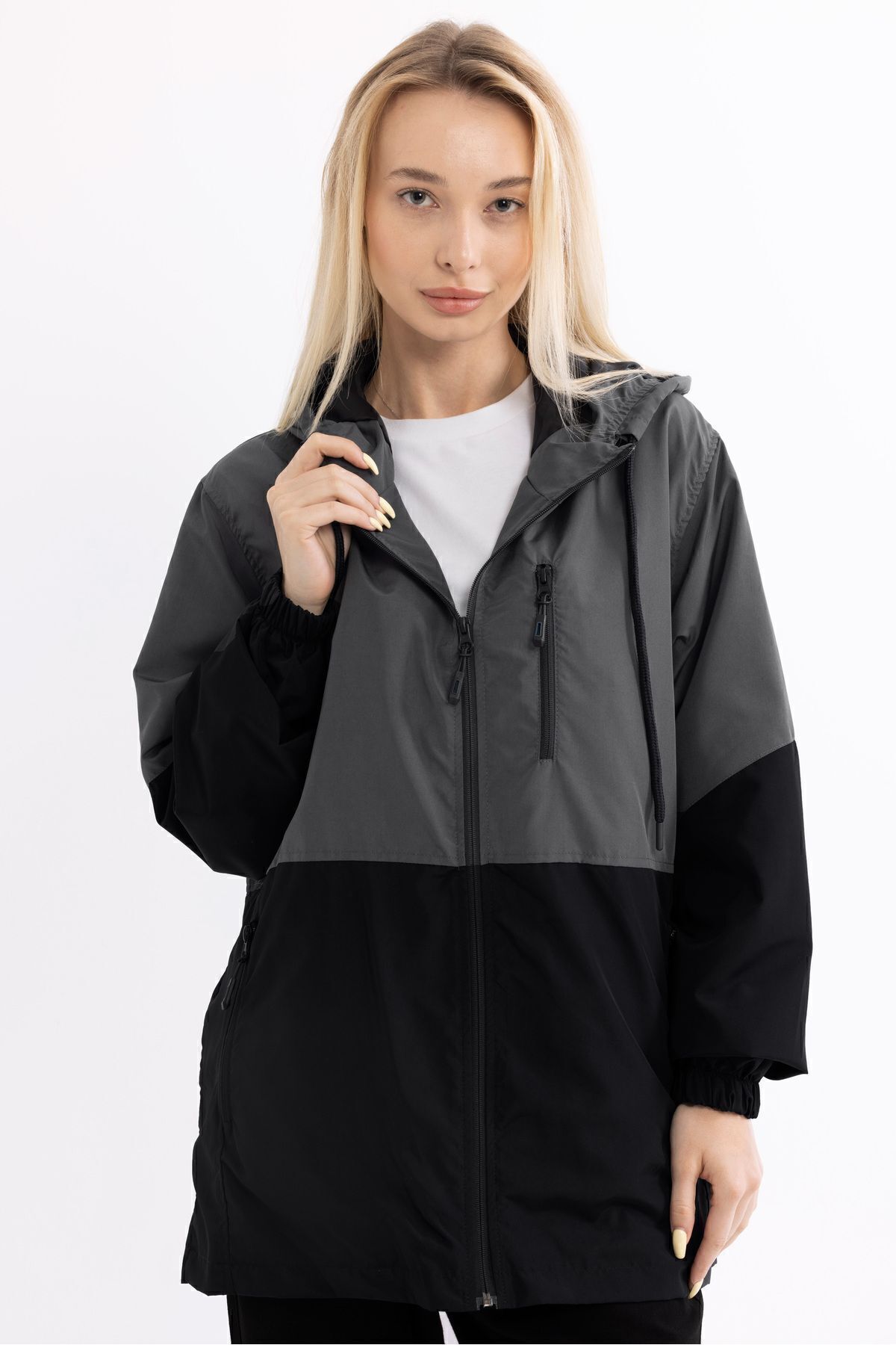 Goccix Kadın Antrasit-siyah Iki Renk Astarlı Kapüşonlu Cepli Yağmurluk-rüzgarlık