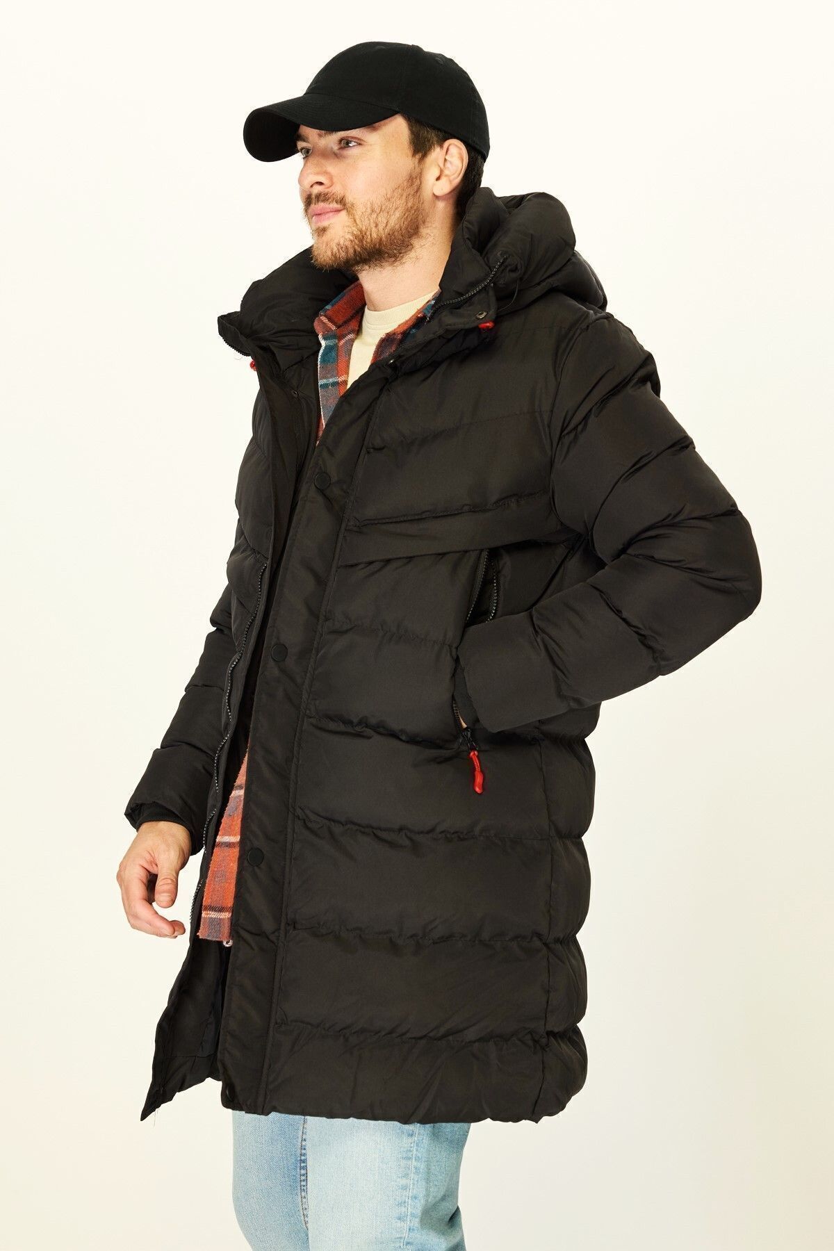 D1fference-Schwarzer Puffer-Parka für Herren – mit Kapuze, winddicht, mit Fasern gefüllt, langer Wintermantel 3