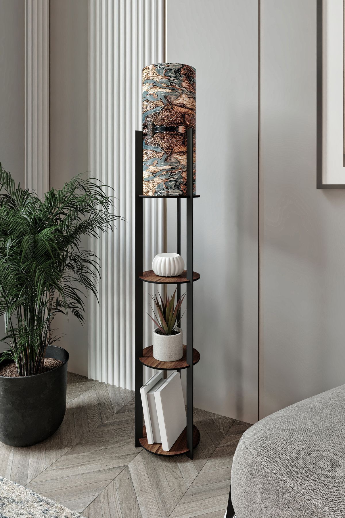 Dora Ahşap Yuvarlak Raflı Mist Modern Dekoratif Lambader - 3