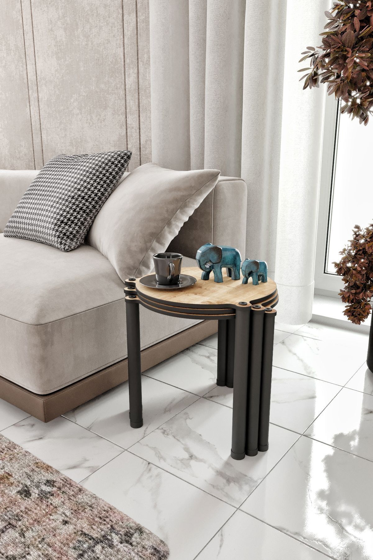 Halımax Torenna Meşe 3'lü Zigon Modern Dekoratif Yuvarlak Sehpa