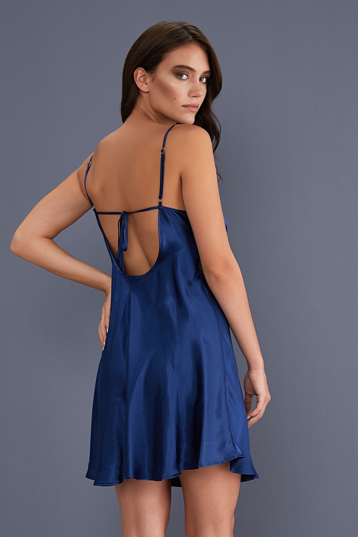 AYYILDIZ-3802 Navy Blue Satin Nightgown Dressing Gown Set 3