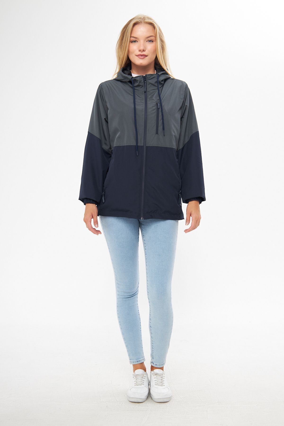 river green  Kadın Antrasit-lacivert Iki Renk Astarlı Rüzgar Geçirmez Kapüşonlu Cepli Yağmurluk - Görsel 2