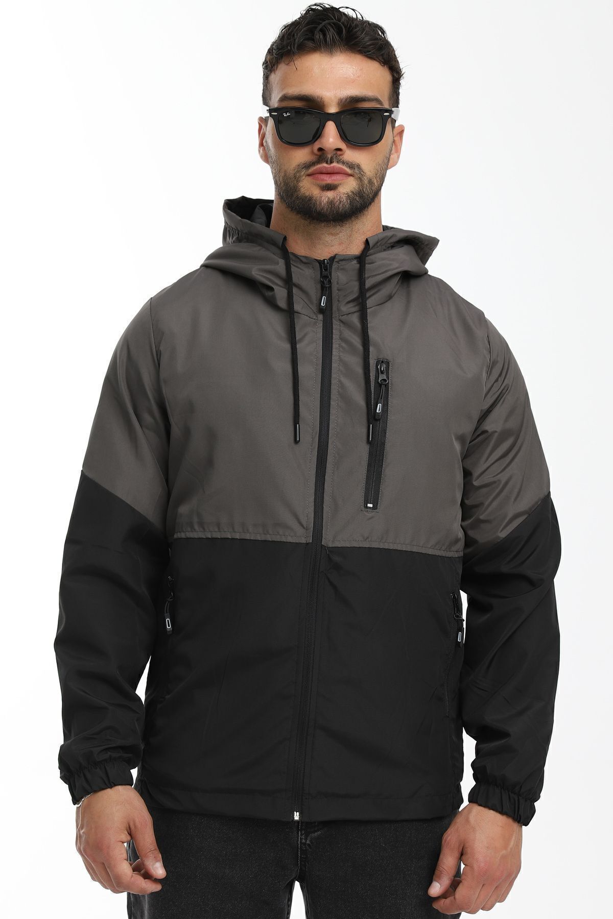RİVERCLUP Erkek Antrasit- Siyah Iki Renk Astarlı Kapüşonlu Cepli Yağmurluk-rüzgarlık
