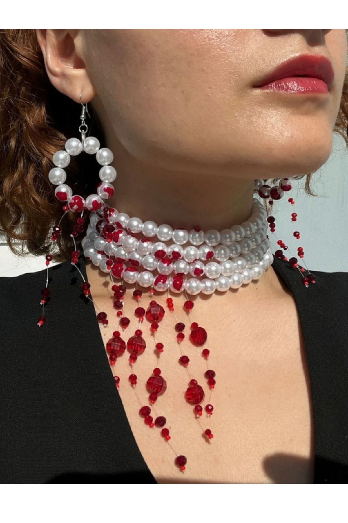 vampir kolye ve vampir küpe set, kan damlayan , kristal vampir, inci vampir kolye 3