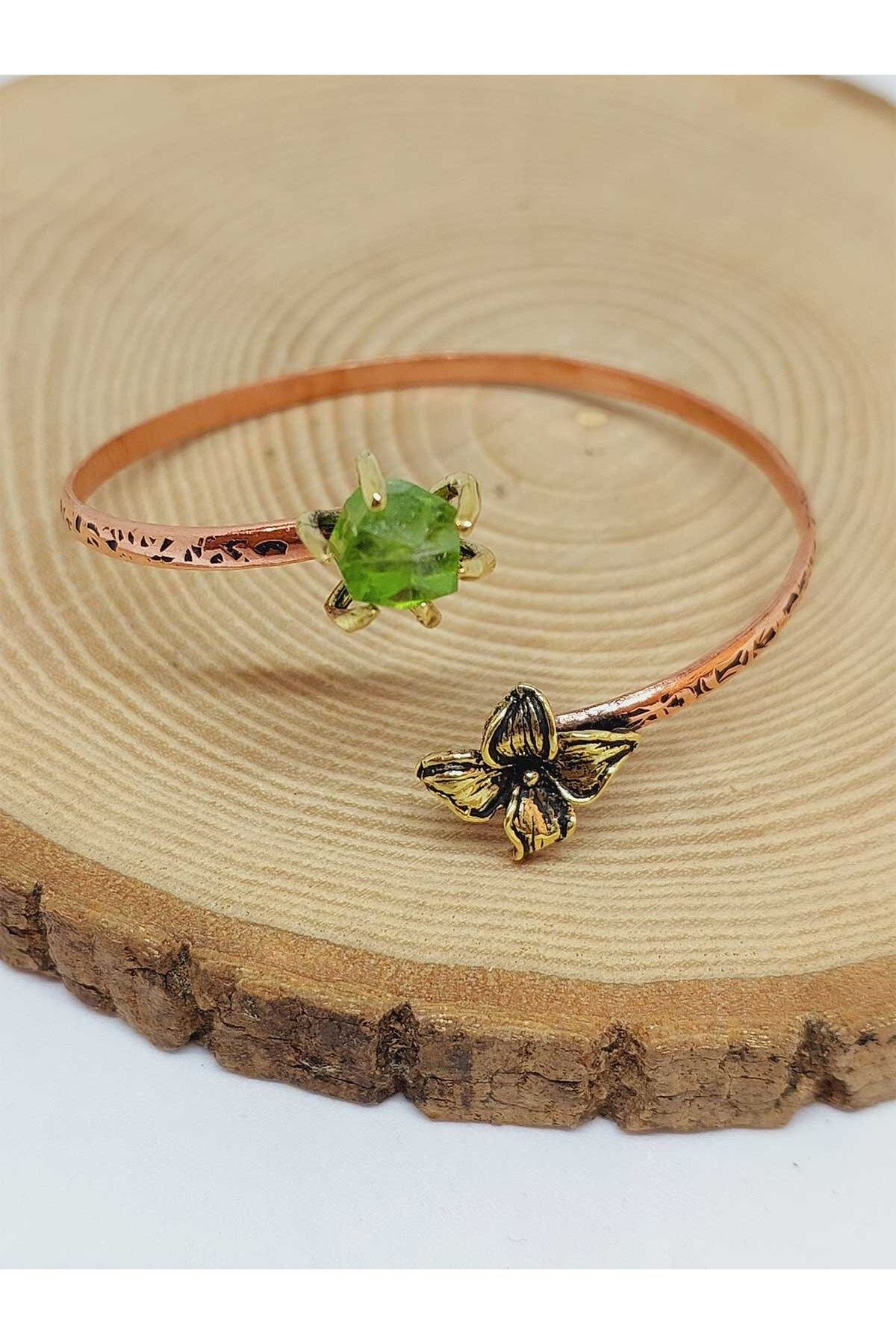 Peridot (Zebercet) Taşı Çiçek Motifli Bakır Bileklik (53028) 3