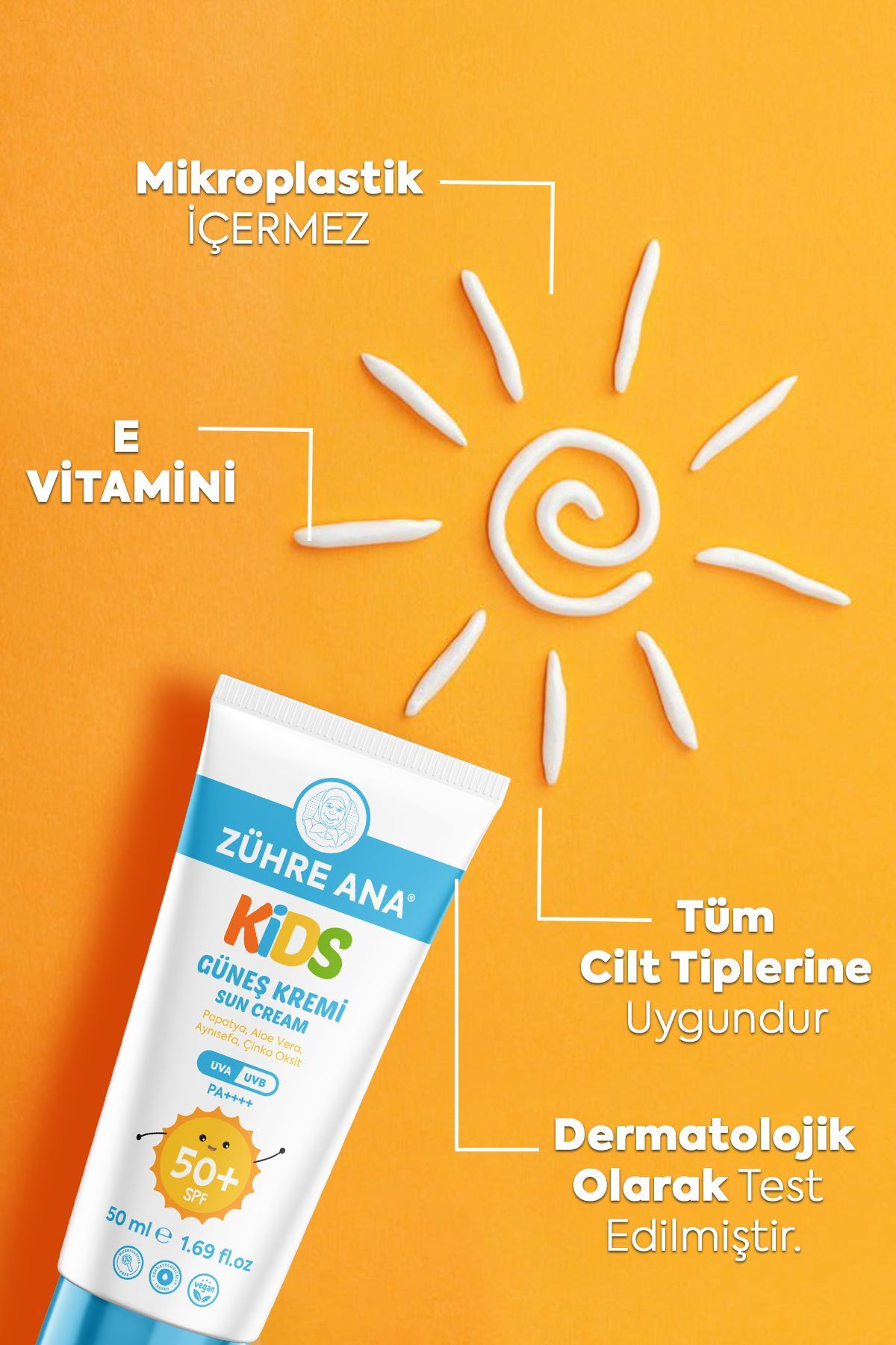 کرم ضد آفتاب کودکان Spf 50+ UVA UVB ضد لک با محافظت بالا + ویتامین E 50 میلی لیتر Zühre Ana