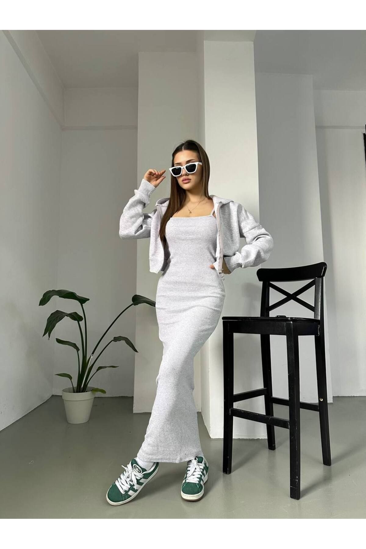 YONEZ MODA Σετ Κοτλέ Φόρεμα και Ζακέτα Crop