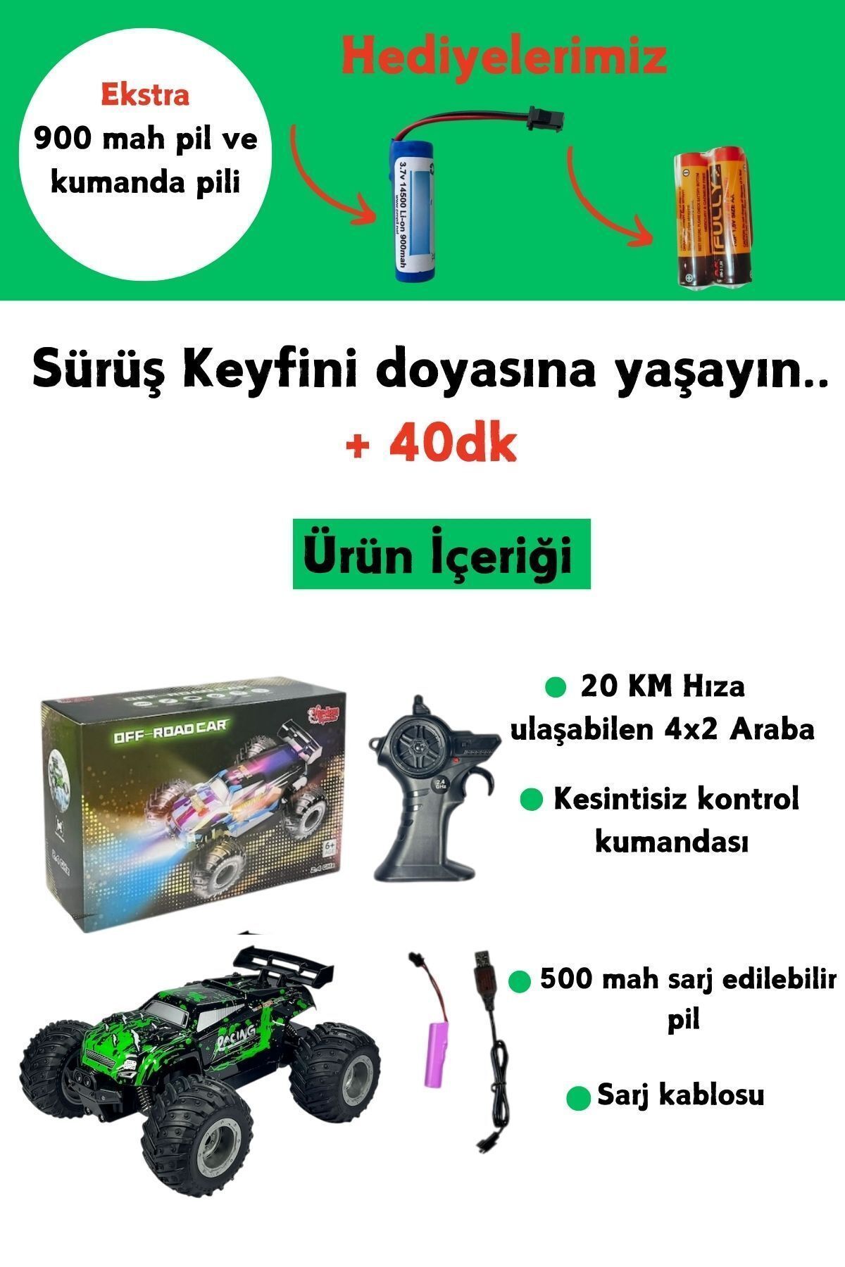 Uzaktan Kumandalı Araba Full Fonksiyon Işıklı Drift 4x2 20 Km Hız Yapan Jip