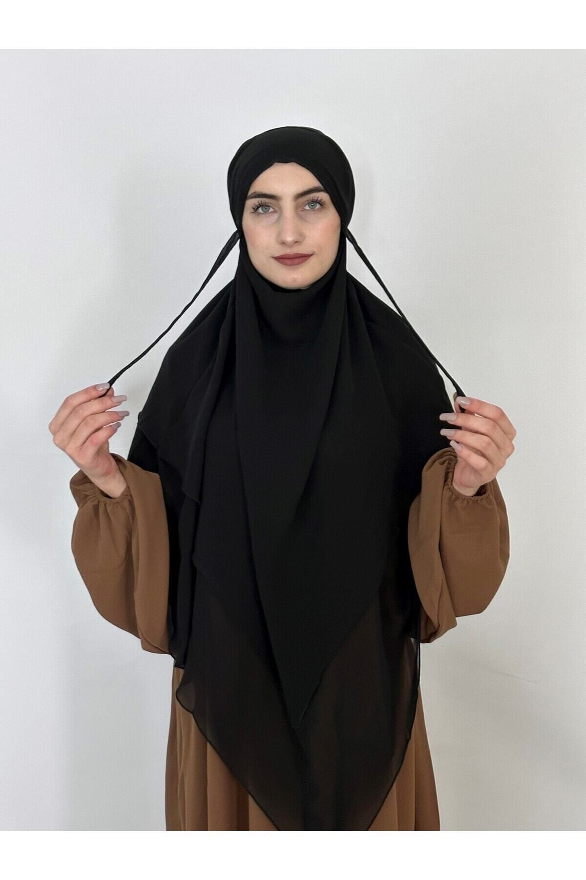 R&S modibone-Black Souffle Khimar - Three-Layer, Veil and Chiffon Scarf, 4 Strings 7