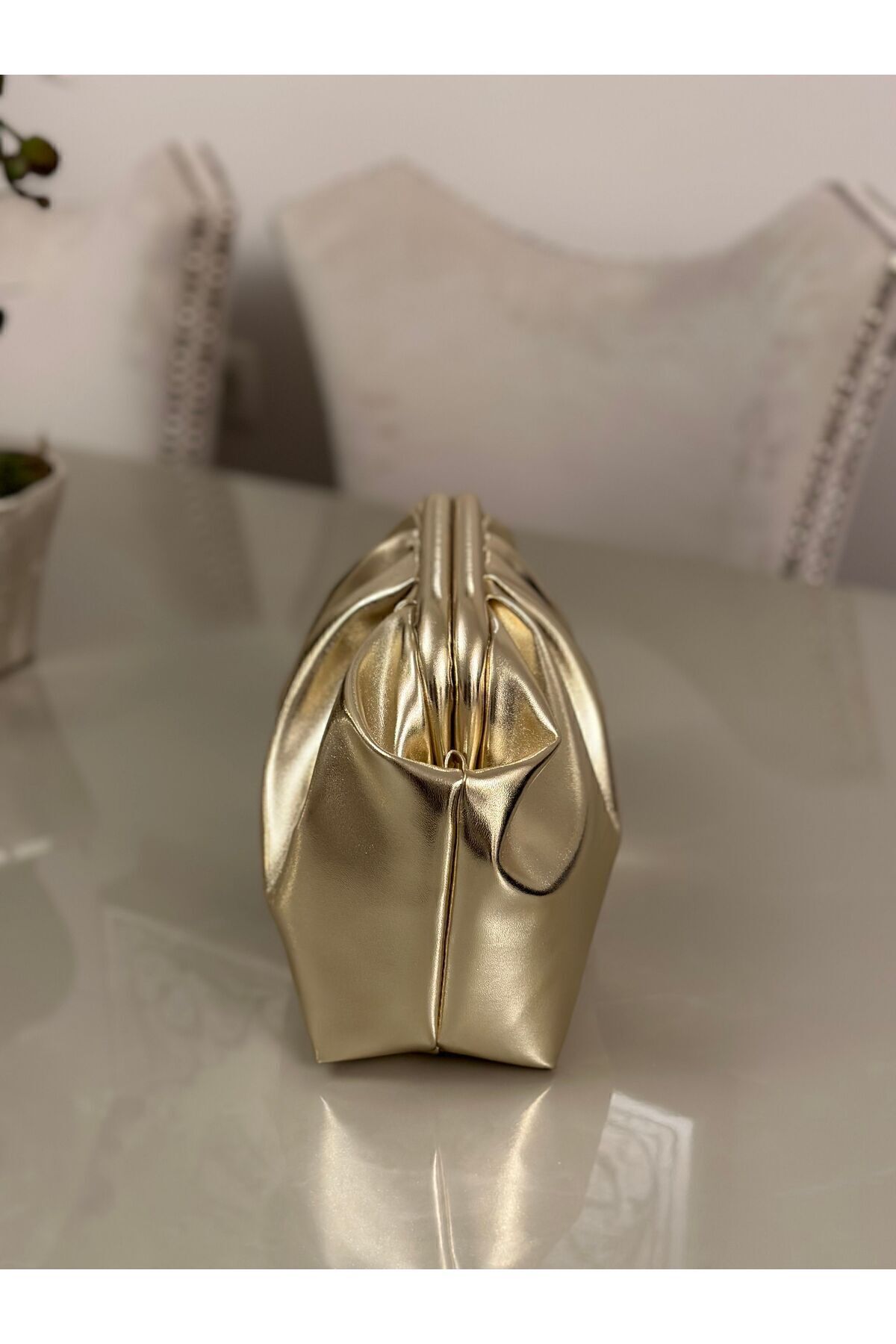 Kadın Gold Altın Rengi Parlak Suni Deri Askılı Clutch Günlük Ve Abiye Çanta
