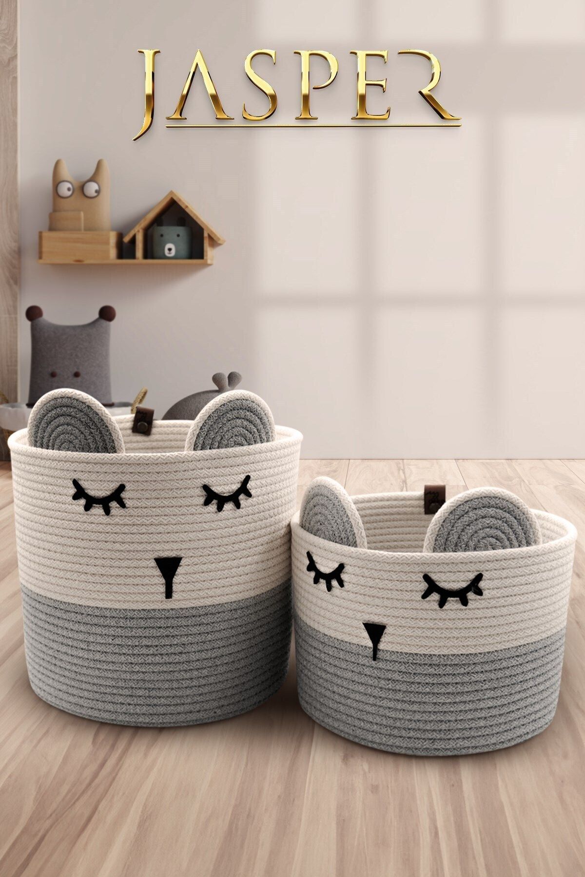 BUGるBEAR & BUNNY painternet 2体セット JASPER Gri Jüt İp 2'li Panda Tasarımlı Çok Amaçlı Çocuk Odası