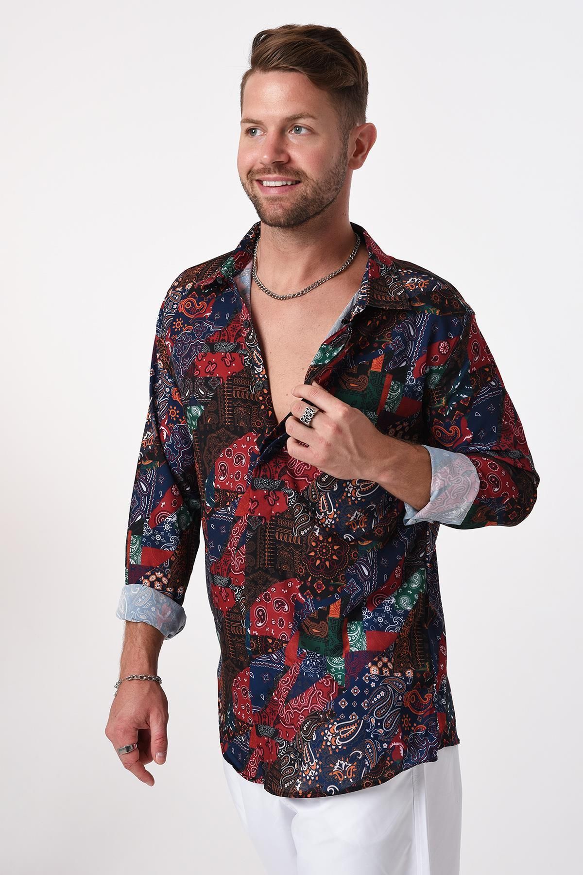Rocqerx-R-3655 Colorful Shawl Pattern - Long Sleeve Shirt with Stand Collar and Hidden Placket 3