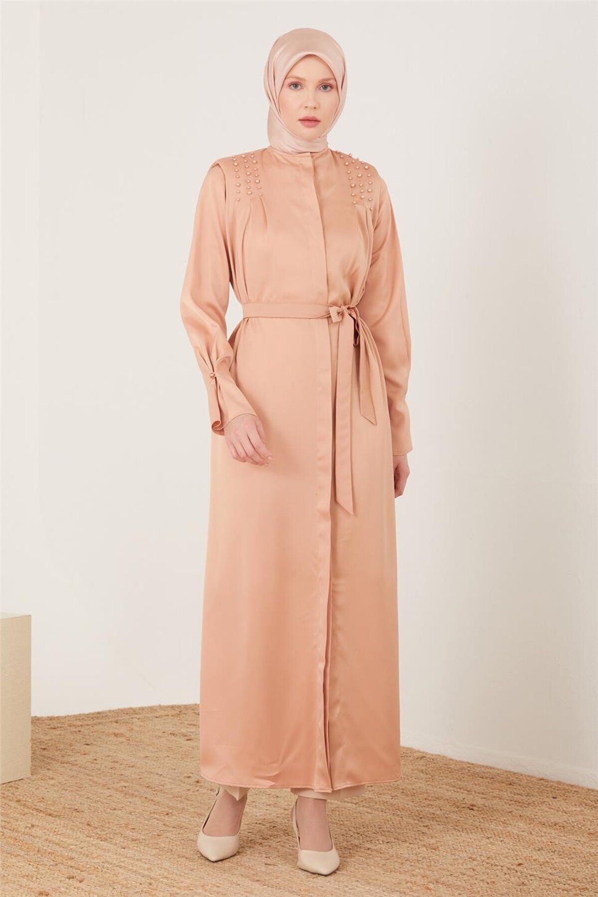 Pearl Abaya با آستین جمع شونده 23y8402 Latte Armine