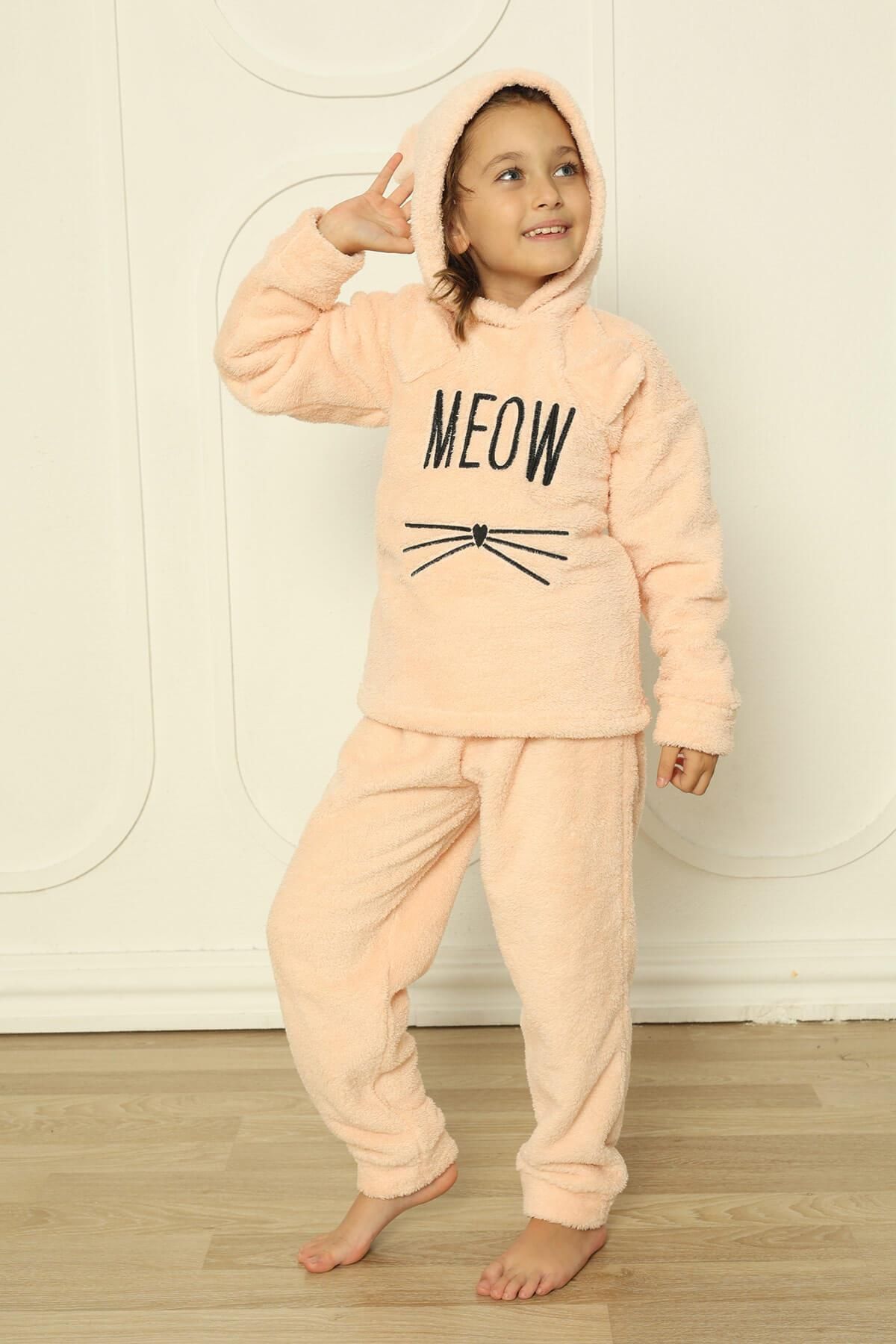Pijamaevi-Meow Patterned Full Plush Girl's Pajama Set - Salmon 5