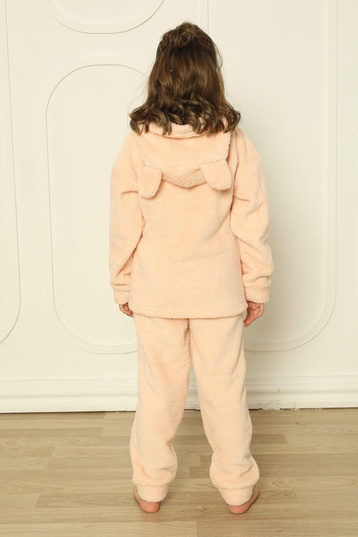 Pijamaevi-Meow Patterned Full Plush Girl's Pajama Set - Salmon 6