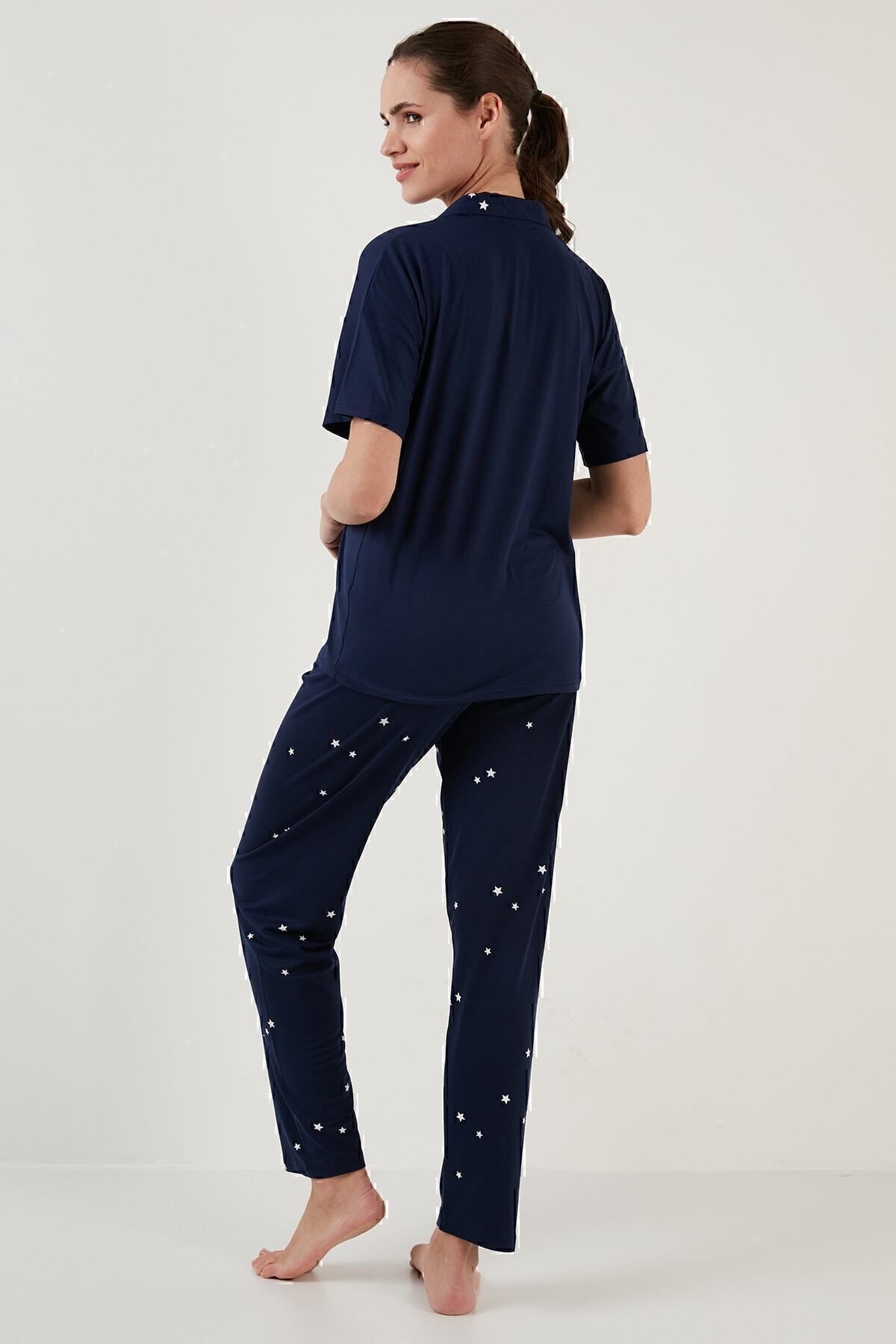 Lela-Set pijama țesută cu guler de cămașă cu mânecă scurtă și talie elastică cu model Set pijama 6097515 6