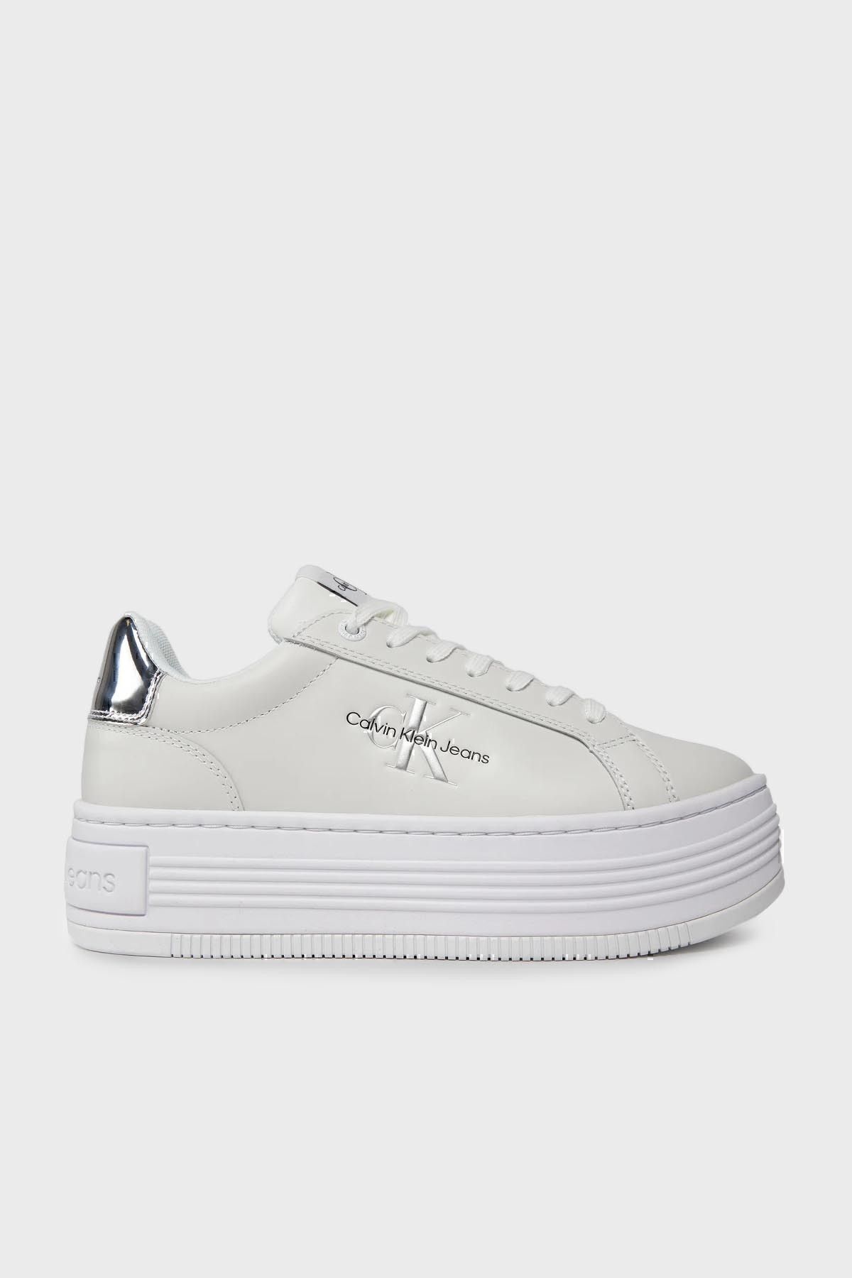Calvin Klein Logo Leather Platform Heel Sneaker Shoes YW0YW0145701V SHOES YW0YW01