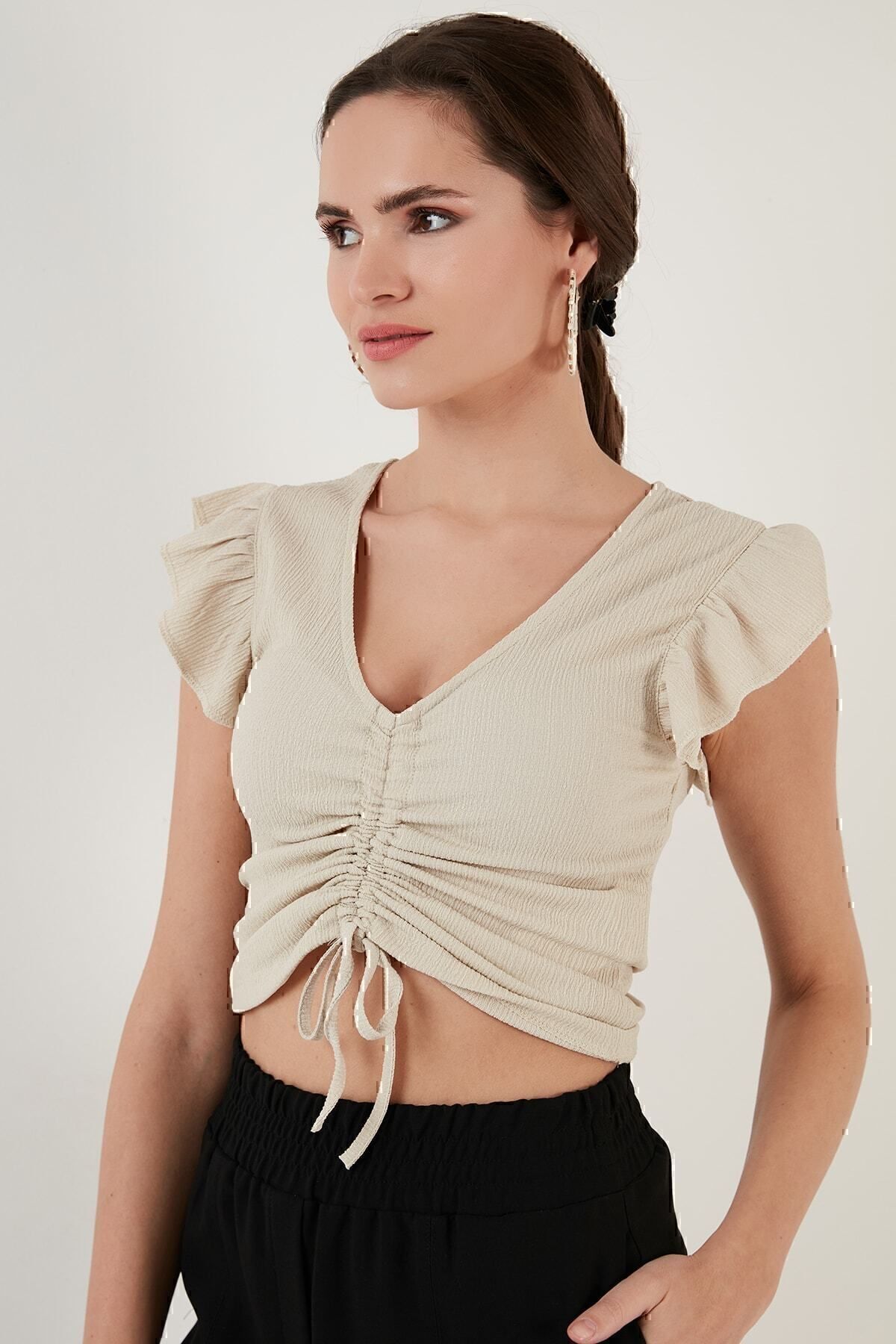 Lela-Bluză crop slim cu detaliu cu volane, cu mâneci cu volane 5865015 3