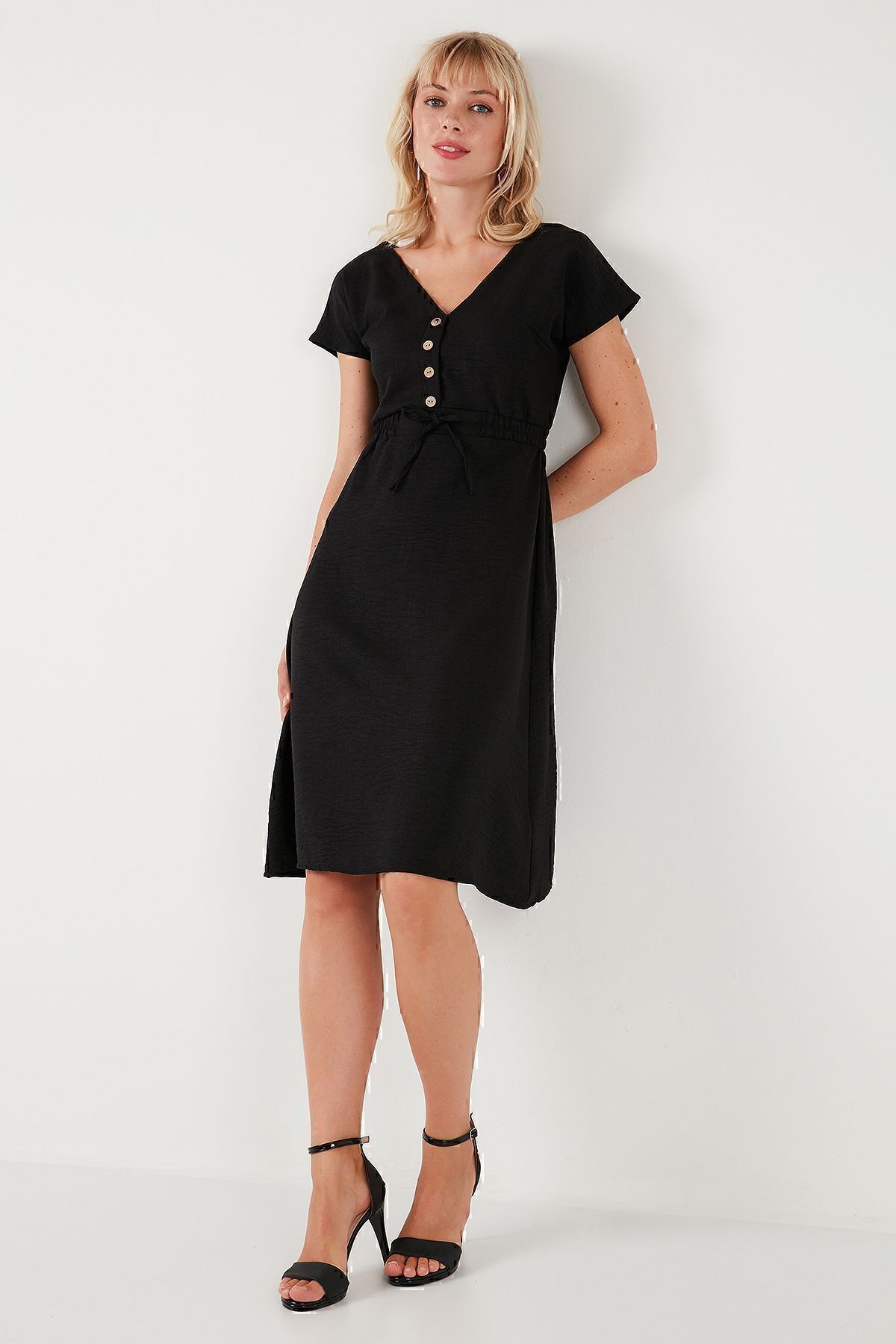 Lela-Rochie midi cu decolteu în V cu nasturi - Rochie cu mâneci scurte5865747 7
