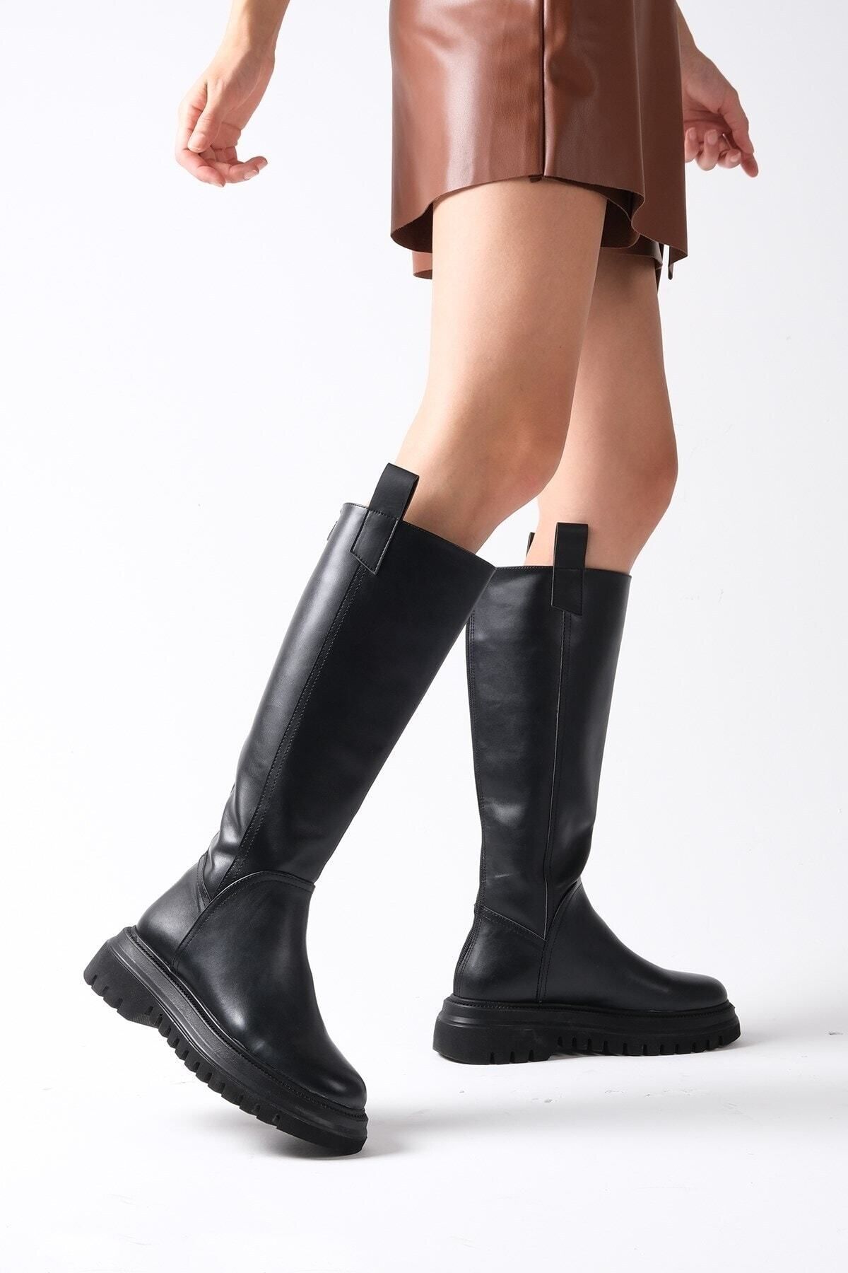 Mio Gusto-Schwarze, pelzgefütterte Damenstiefel aus Leder mit Reißverschluss hinten 3