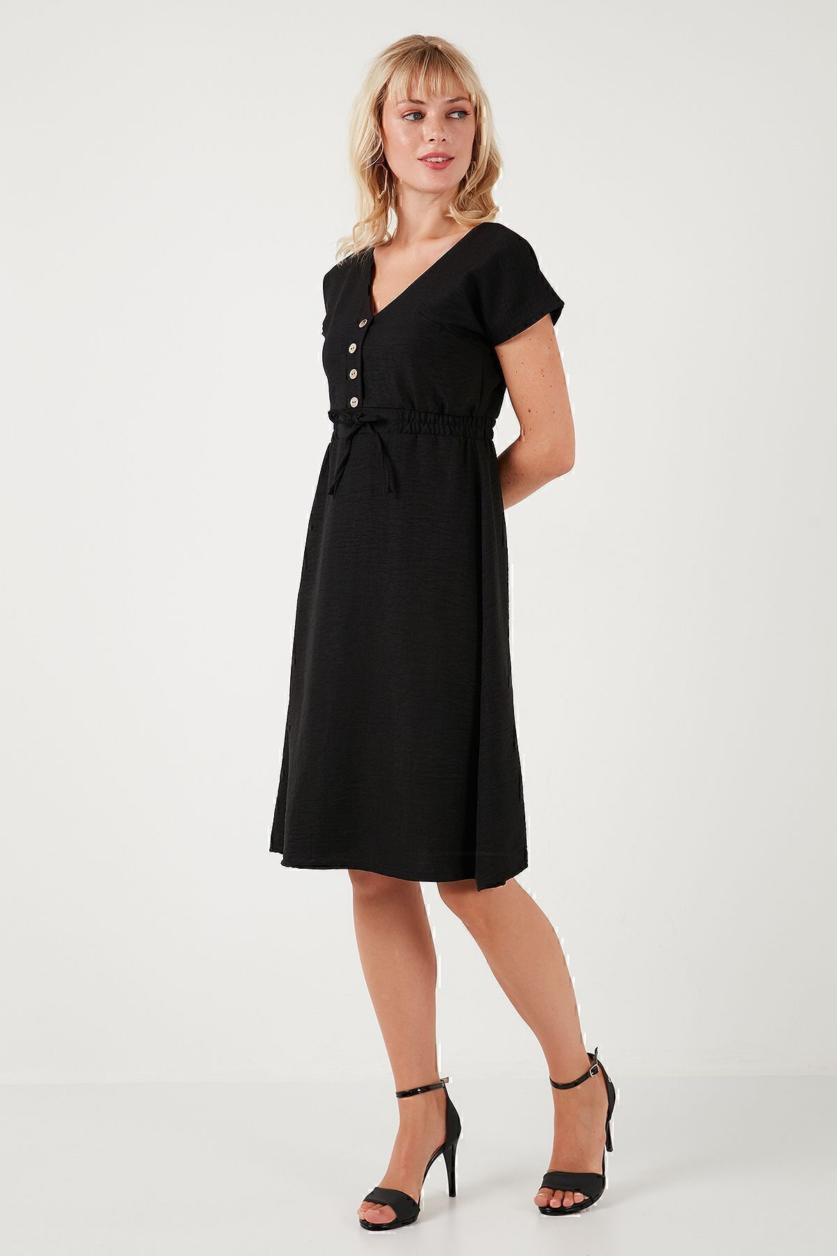 Lela-Rochie midi cu decolteu în V cu nasturi - Rochie cu mâneci scurte5865747 4