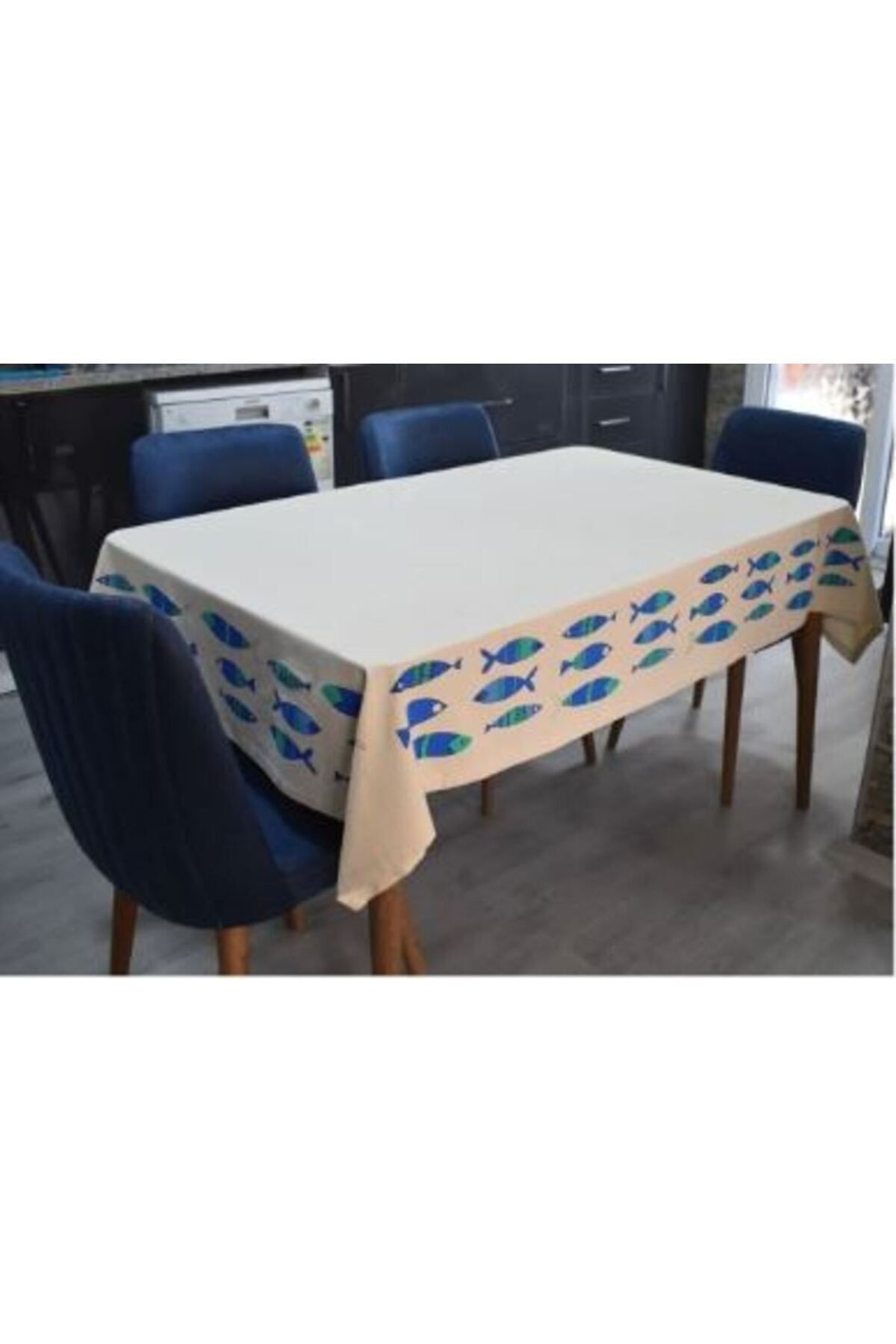 TUNCAY TEKSTİL-Fish Printed Blue Linen Rectangular Tablecloth 1