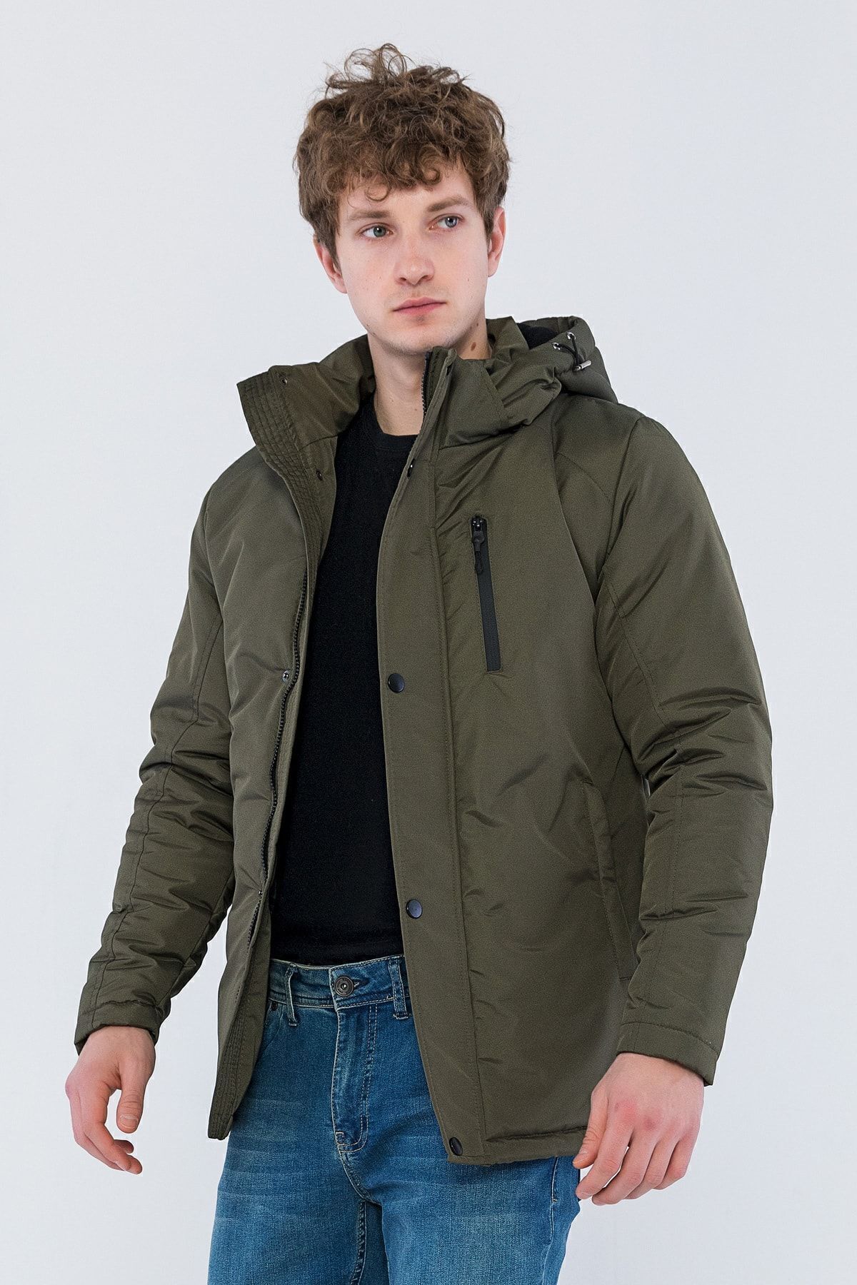 D1fference-Herren Khaki Ausgehen Kapuze Winddicht Dicke Sportmäntel & Mäntel & Parka 4