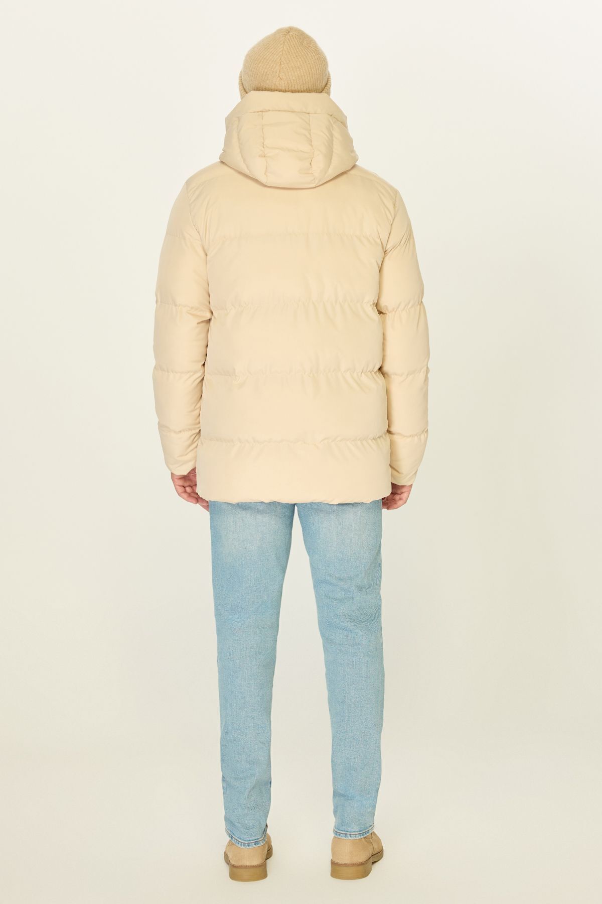 D1fference-Men's Beige Thick Lined Hooded Puffer Sports Winter Coat 7