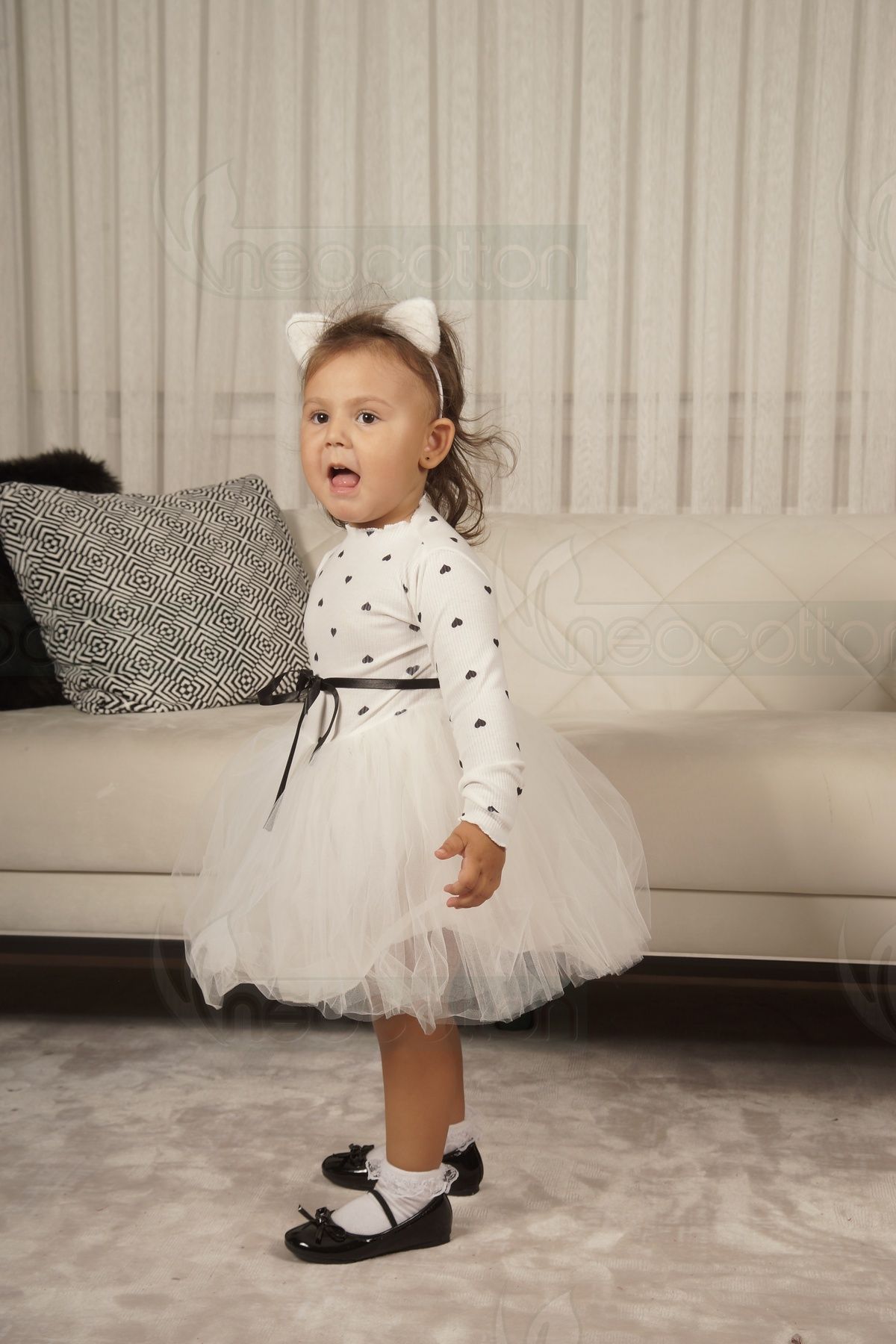 neocotton Kız Bebek-Çocuk Uzun Kollu Doğum Günü ve Özel Günler İçin Kalpli Tüllü Astarlı Elbise fotoğrafı 6 (önizleme)